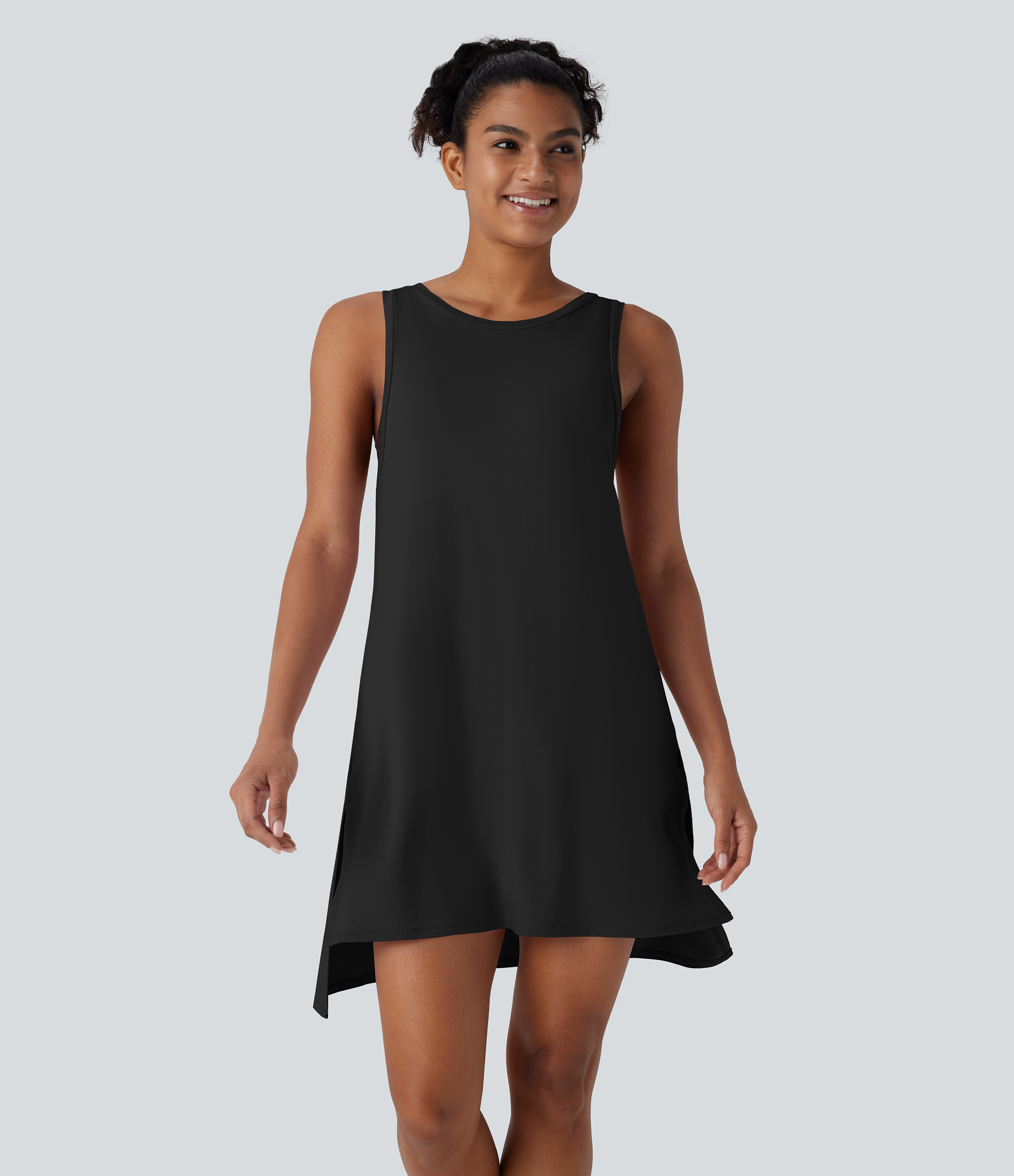 Halara Backless Split Mini Casual Tank Dress Casual Dress - Black - XS slip dress beach dress ruched dress halter dress exercise dress 