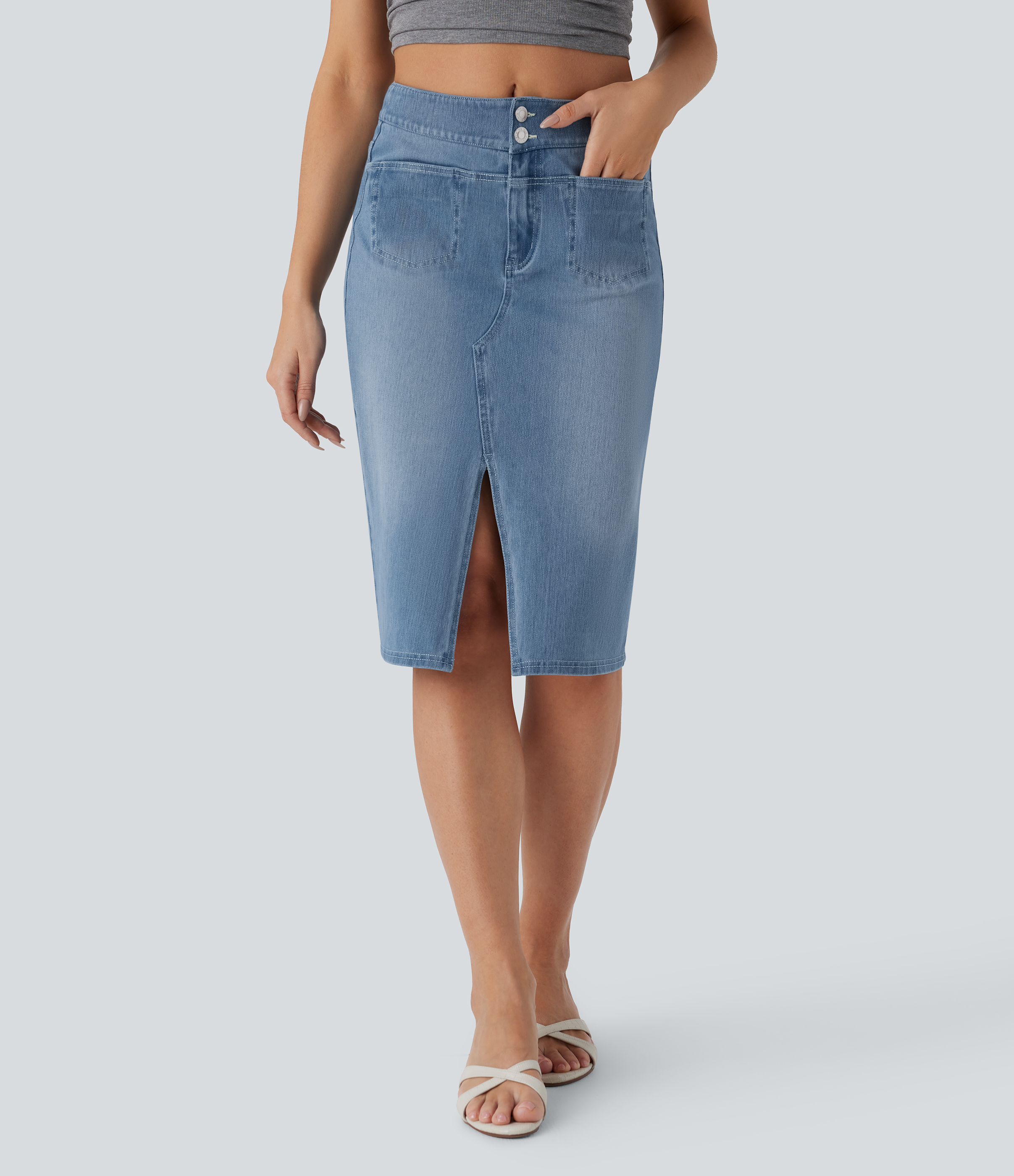 Falda Halara Flex™ Denim mezclilla elástico lavada recta dividida múltiple bolsillo tiro medio