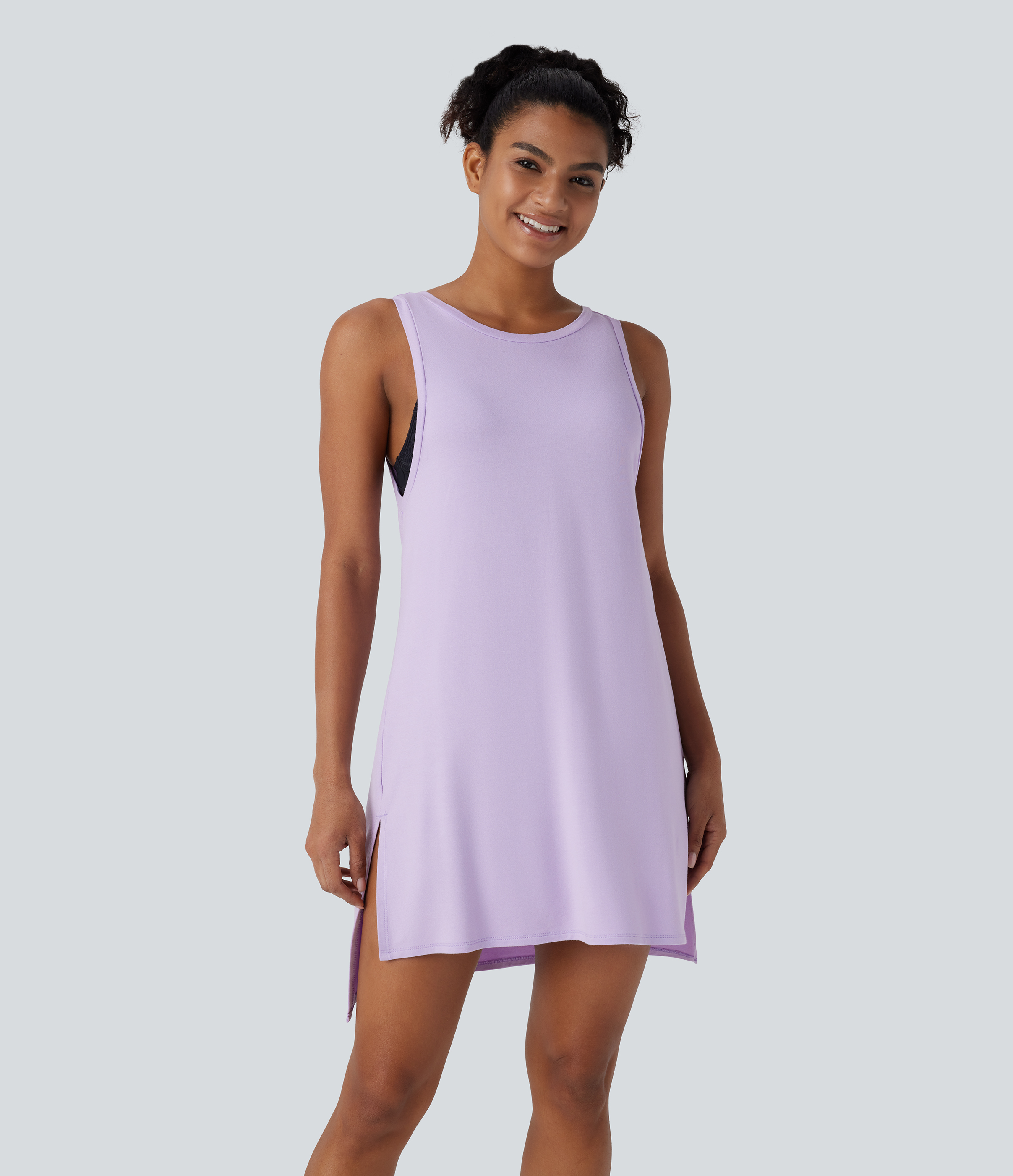 Halara Backless Split Mini Casual Tank Dress Casual Dress - Light Purple - M slip dress beach dress ruched dress halter dress exercise dress 