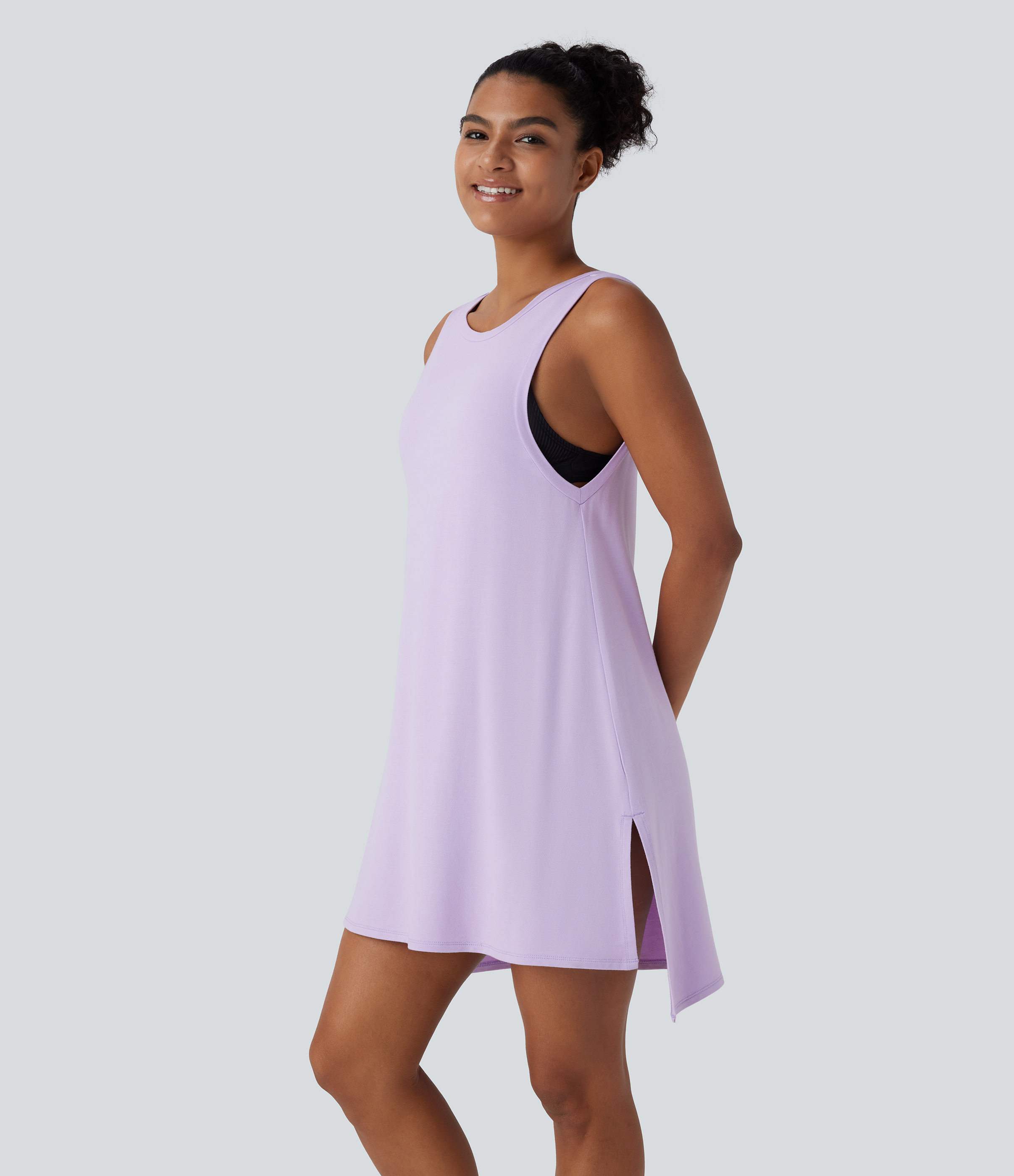 Halara Backless Split Mini Casual Tank Dress Casual Dress - Light Purple - M slip dress beach dress ruched dress halter dress exercise dress 