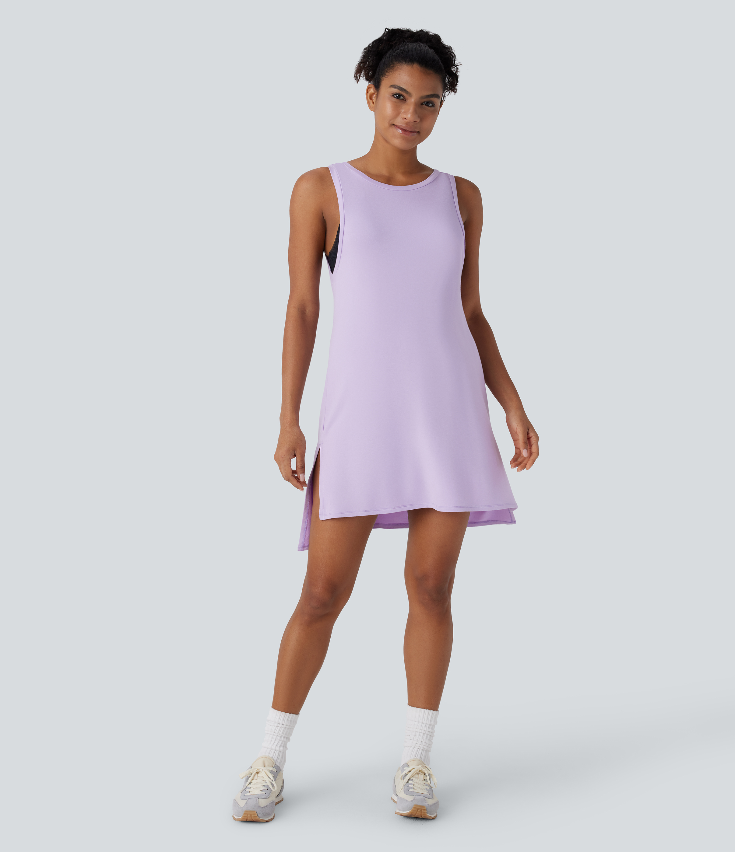 Halara Backless Split Mini Casual Tank Dress Casual Dress - Light Purple - M slip dress beach dress ruched dress halter dress exercise dress 