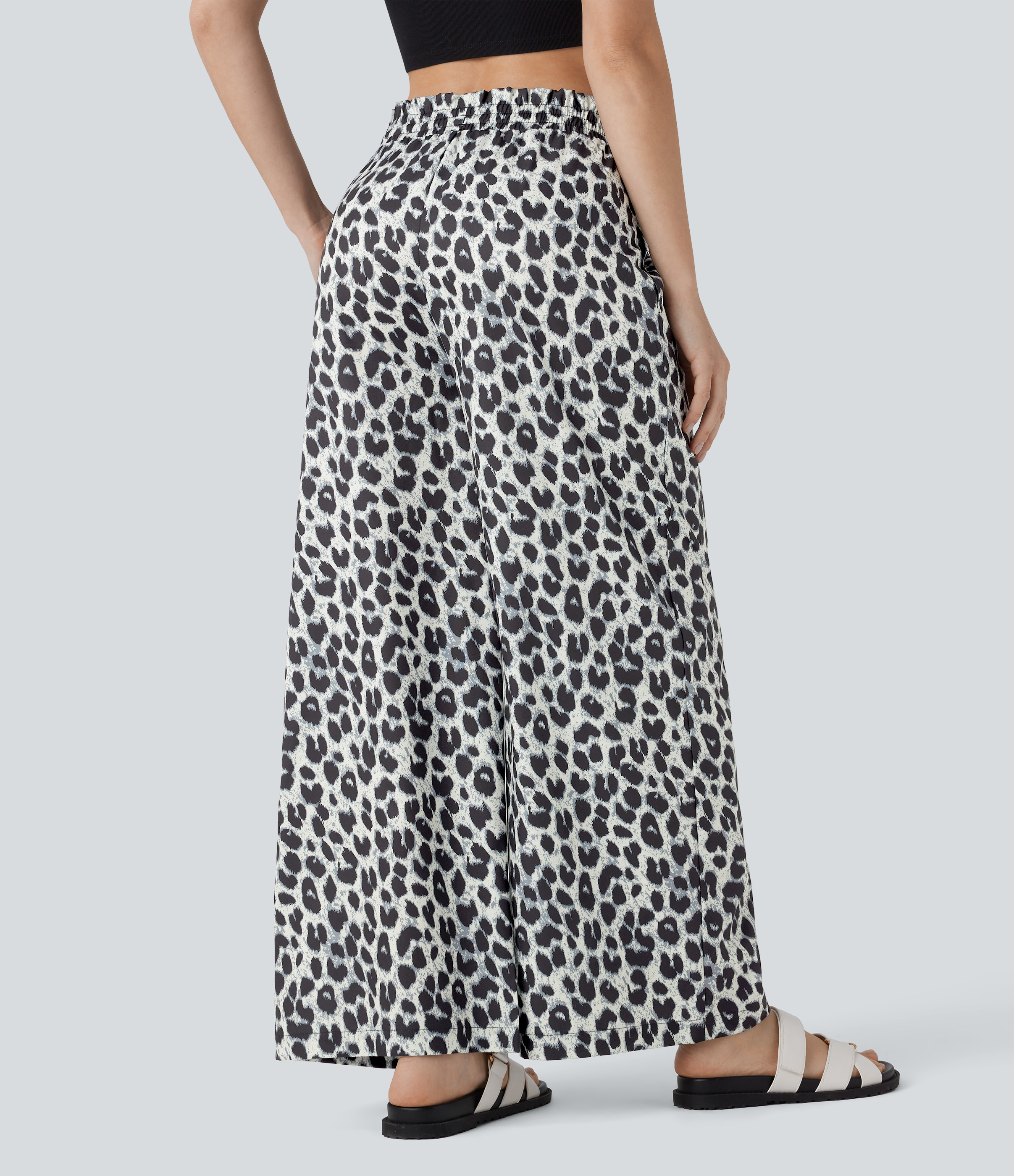 Halara High Waisted Drawstring Side Pocket Leopard Print Wide Leg Casual Pants  - Silver Leopard Print - S(regular) sweatpants jogger pants 
