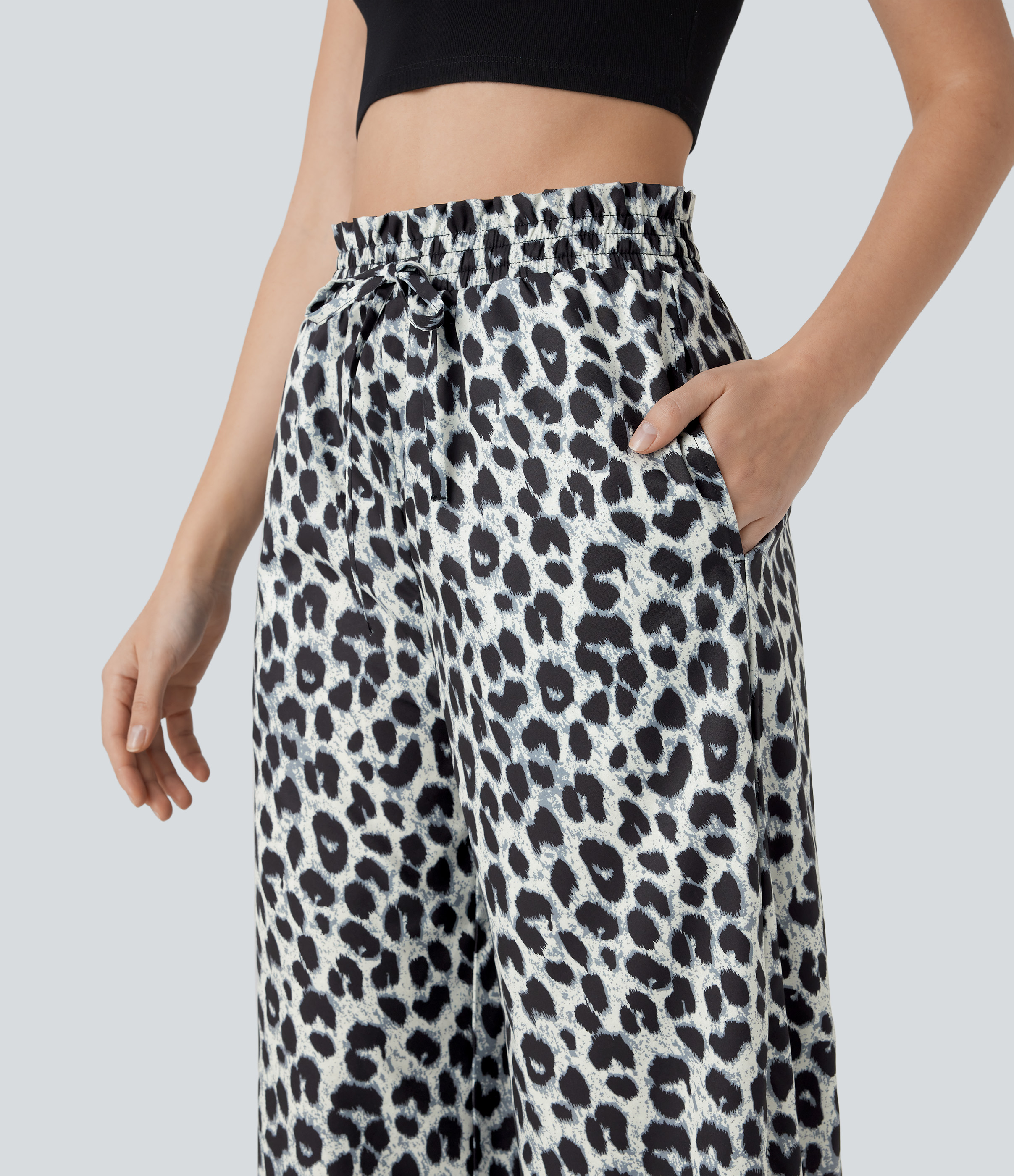 Halara High Waisted Drawstring Side Pocket Leopard Print Wide Leg Casual Pants  - Silver Leopard Print - S(regular) sweatpants jogger pants 