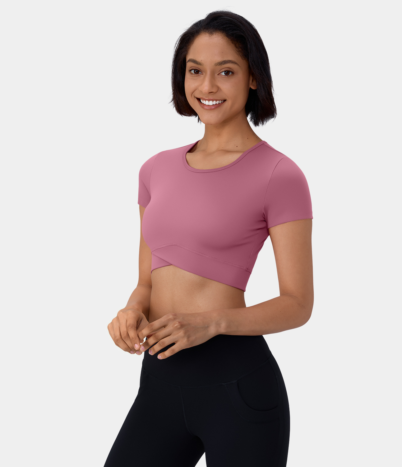 

Halara Softlyzeroв„ў Plush Crossover Hem Cropped Sports Top-UPF50+ - Peach Blossom Red