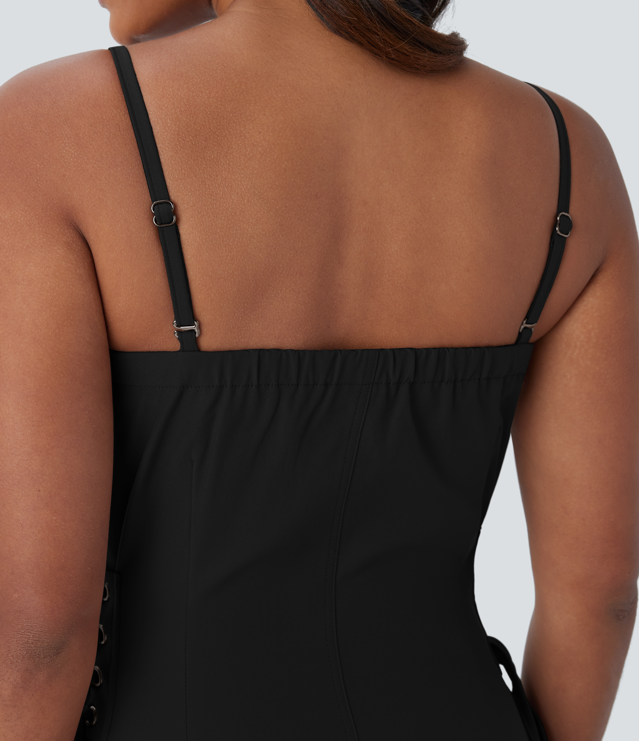 Halara Water Repellent Adjustable Strap Zipper Multiple Pockets Side Lace Up Twill Mini Hiking Slip Cargo Dress Workout Dress - Black - S 