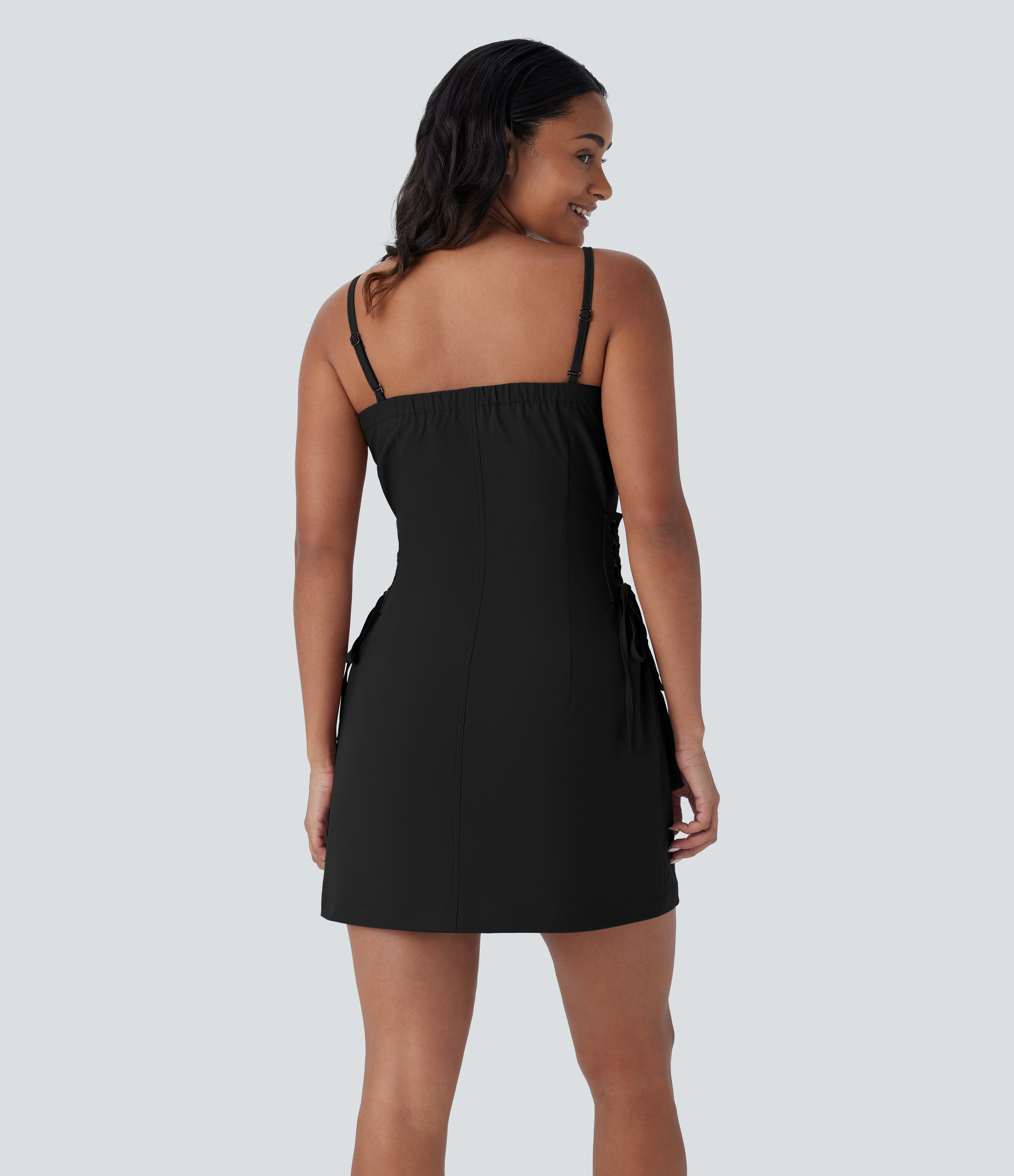 Halara Water Repellent Adjustable Strap Zipper Multiple Pockets Side Lace Up Twill Mini Hiking Slip Cargo Dress Workout Dress - Black - S 