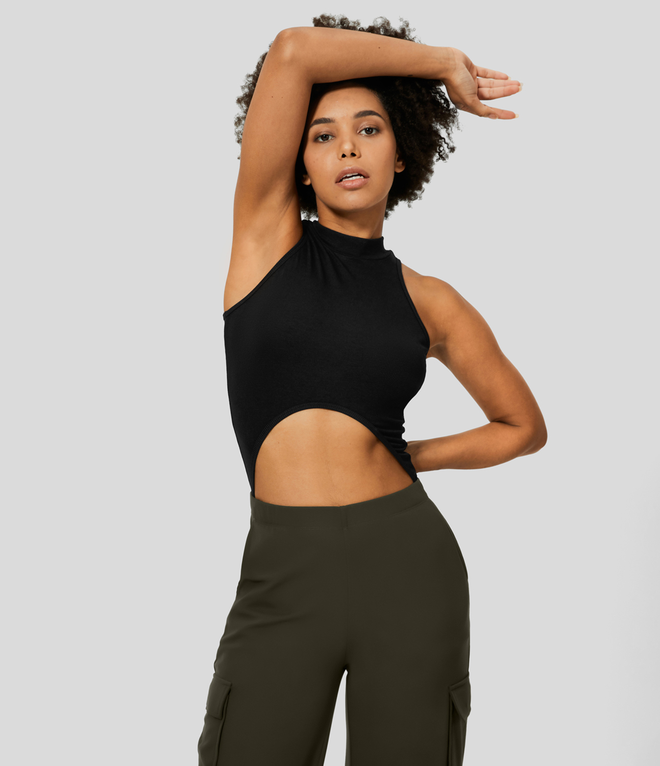 Halara Ribbed Knit Sleeveless Racerback Curved Hem Crop Casual Tank Top Tank Top - Black - L golf tops halter top tunic tops sleeveless tops 