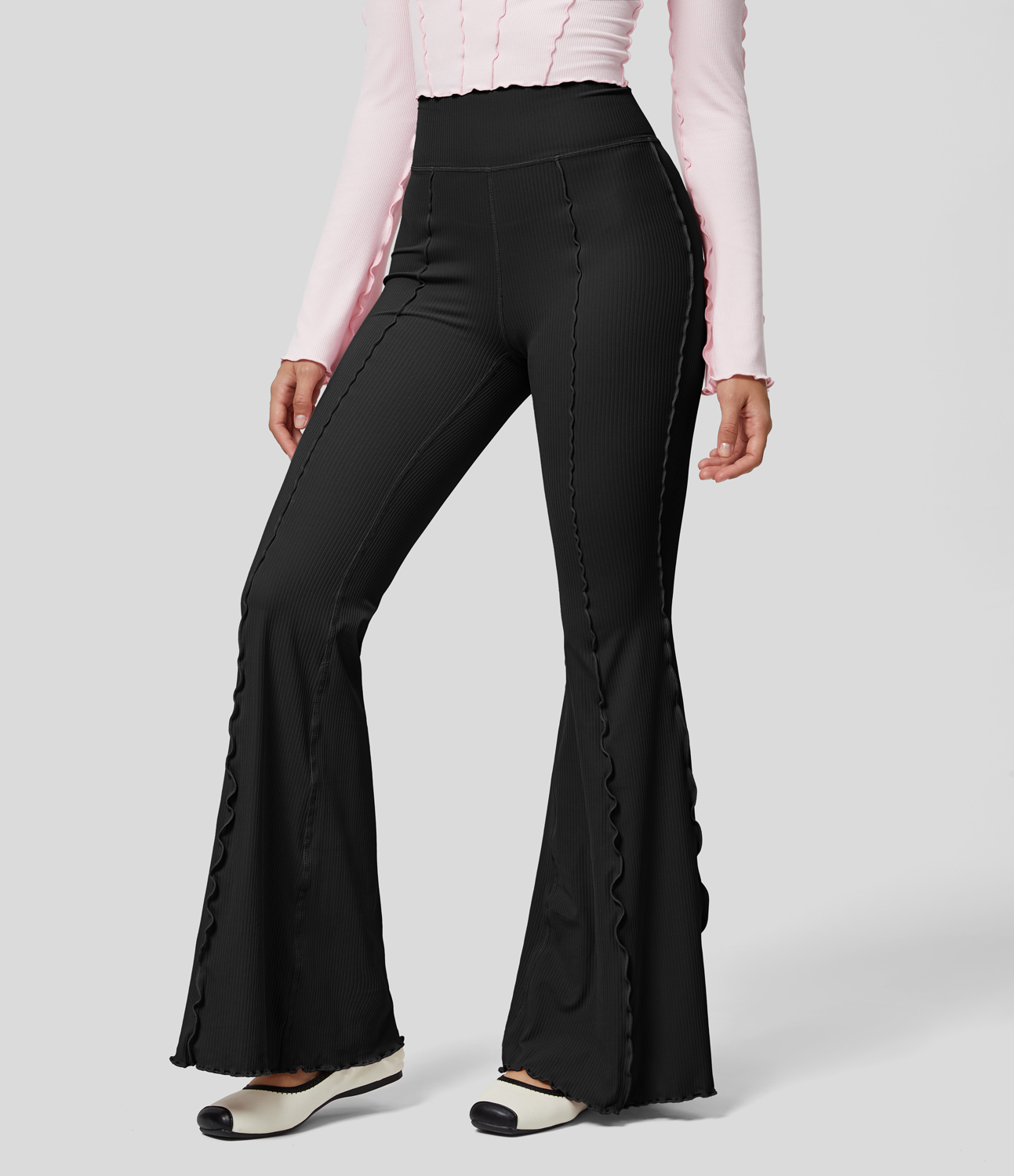 Halara Ribbed High Waisted Lettuce Trim Back Pocket Flare Dance Leggings  - Black - L(regular) gym leggings leggings with pockets 