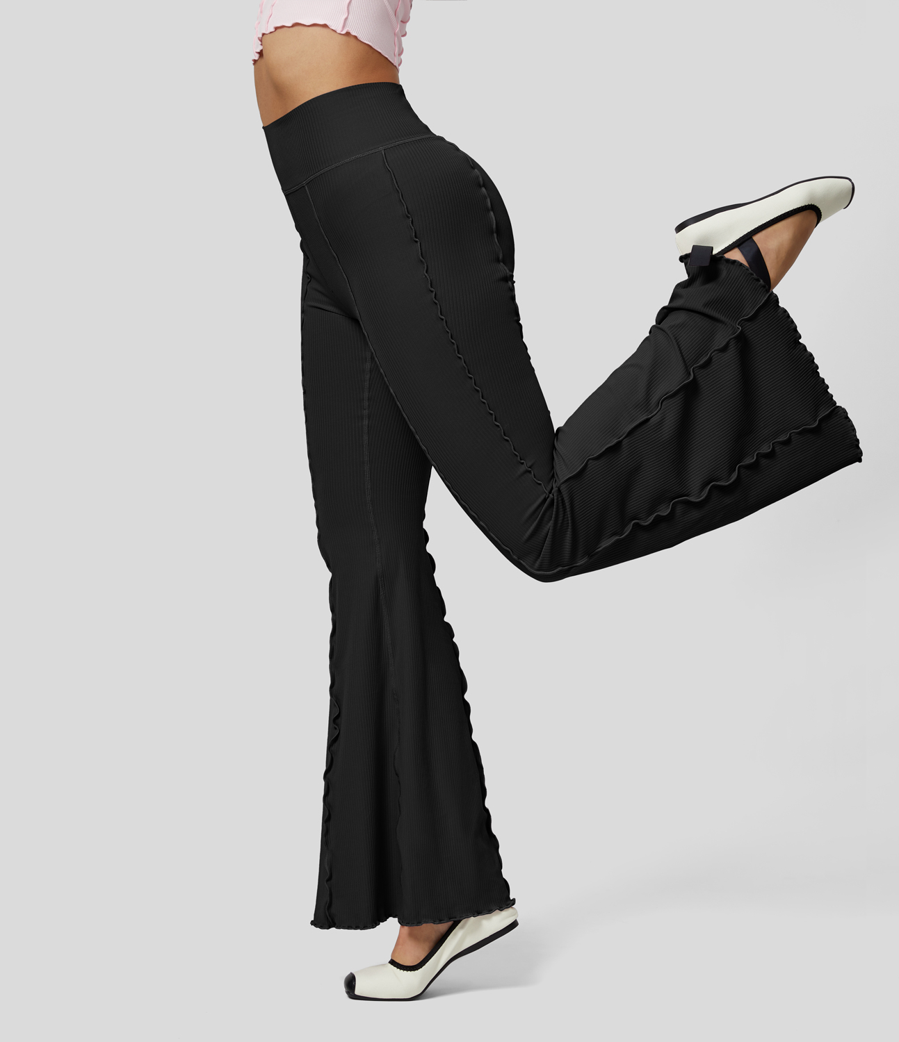 Halara Ribbed High Waisted Lettuce Trim Back Pocket Flare Dance Leggings  - Black - L(regular) gym leggings leggings with pockets 