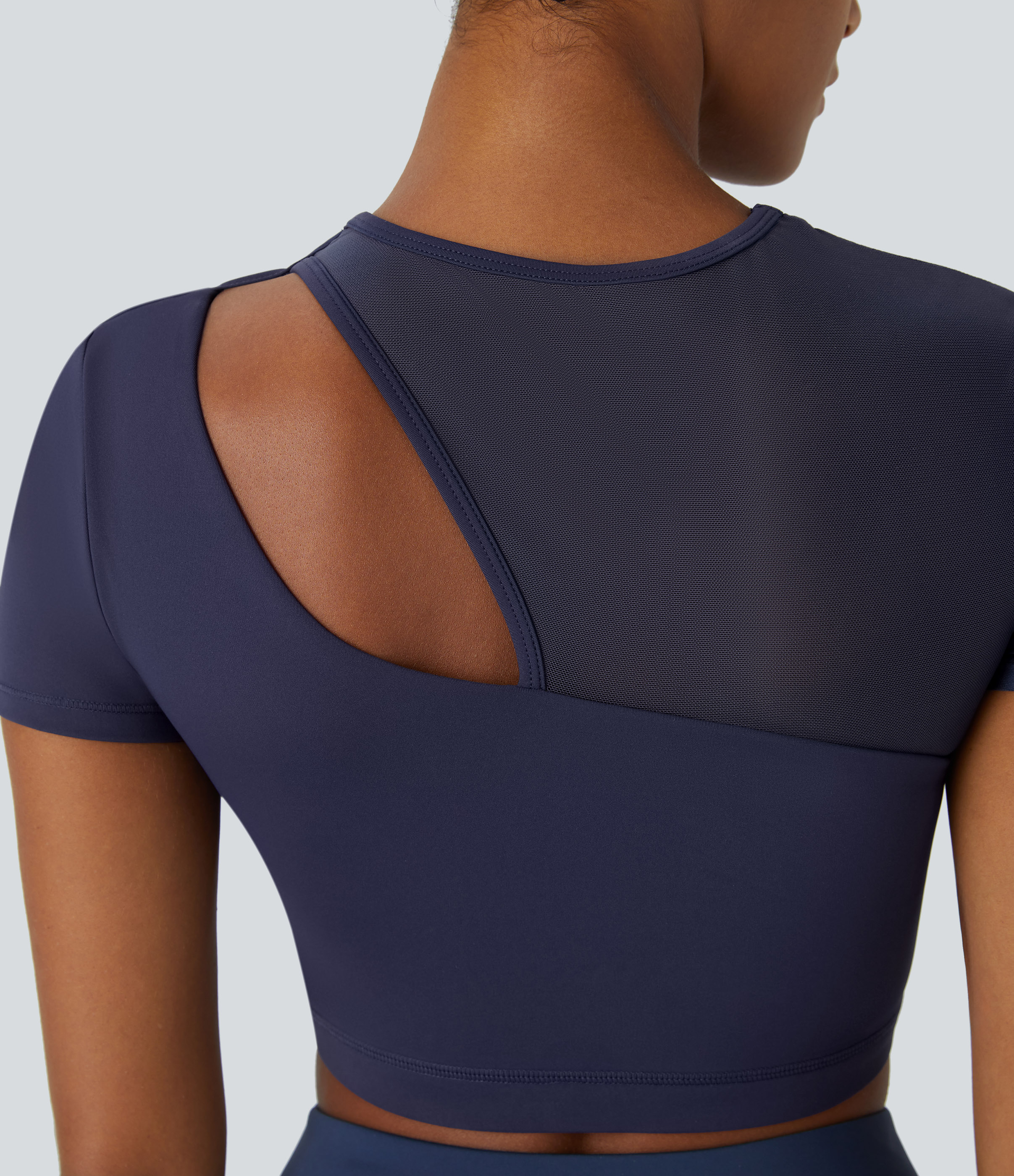 Halara Contrast Mesh Cut Out Short Sleeve Quick Dry Cropped Workout Sports Top  - Dawn Purple - XL 