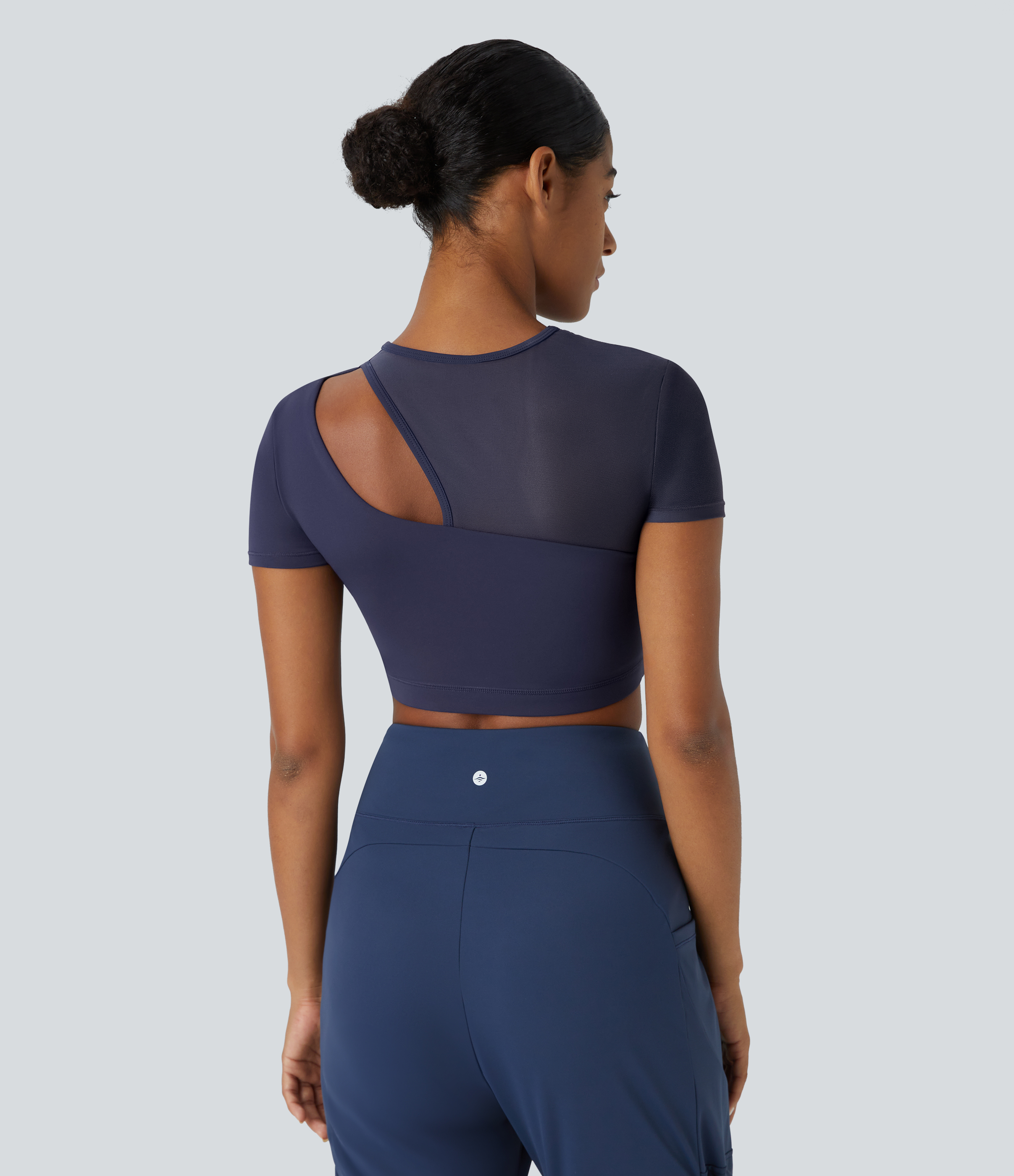 Halara Contrast Mesh Cut Out Short Sleeve Quick Dry Cropped Workout Sports Top  - Dawn Purple - XL 