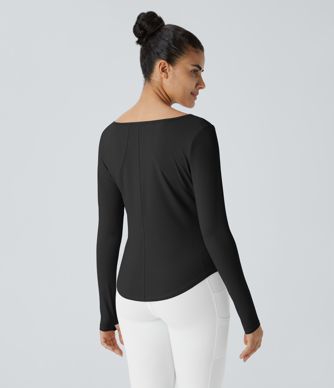 Halara Notched Thumb Hole Ruched Curved Hem Yoga Sports Top  - Black - L 