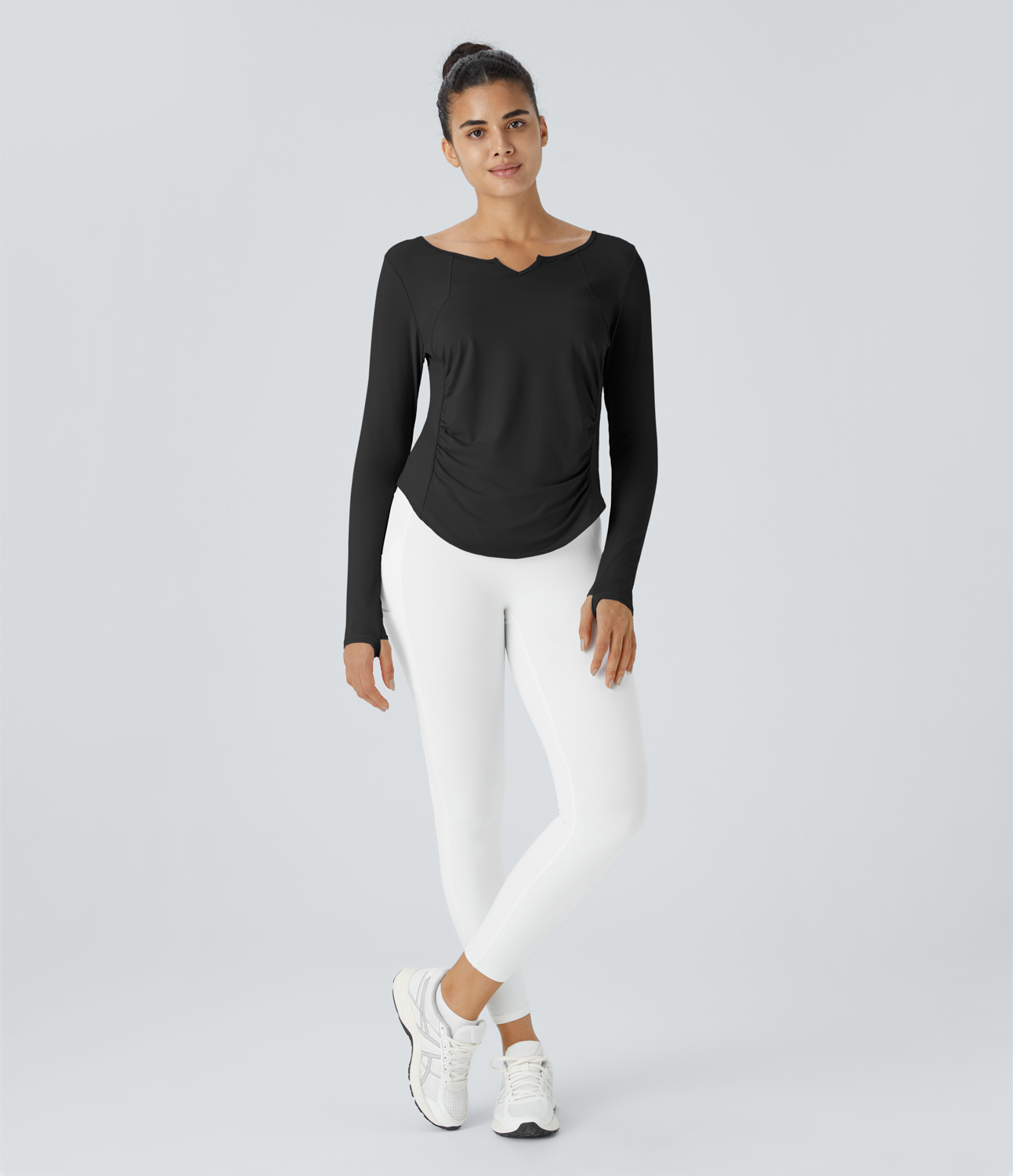 Halara Notched Thumb Hole Ruched Curved Hem Yoga Sports Top  - Black - L 