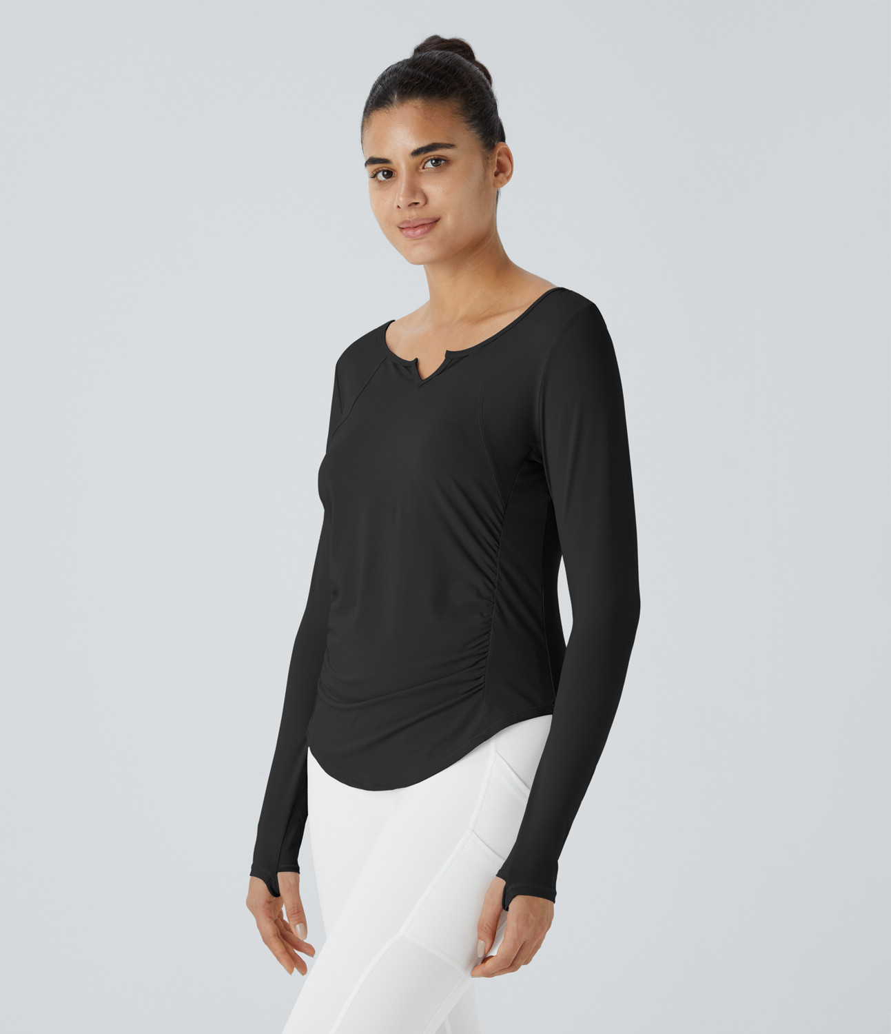 Halara Notched Thumb Hole Ruched Curved Hem Yoga Sports Top  - Black - L 
