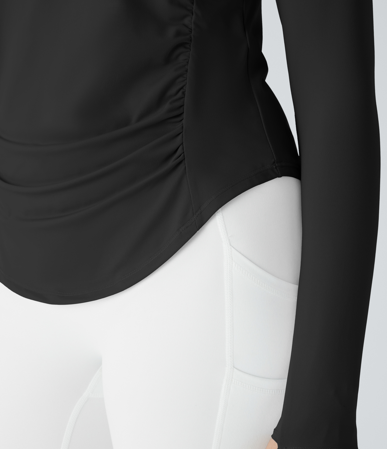 Halara Notched Thumb Hole Ruched Curved Hem Yoga Sports Top  - Black - L 
