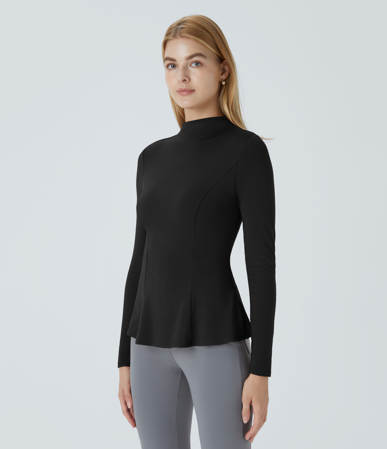Halara Funnel Neck Long Sleeve Slim Peplum Work Tee  - Black - XS 