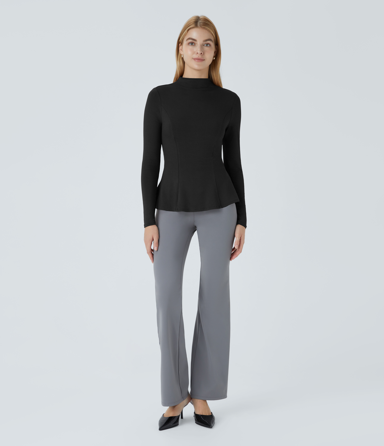 Halara Funnel Neck Long Sleeve Slim Peplum Work Tee  - Black - XS 