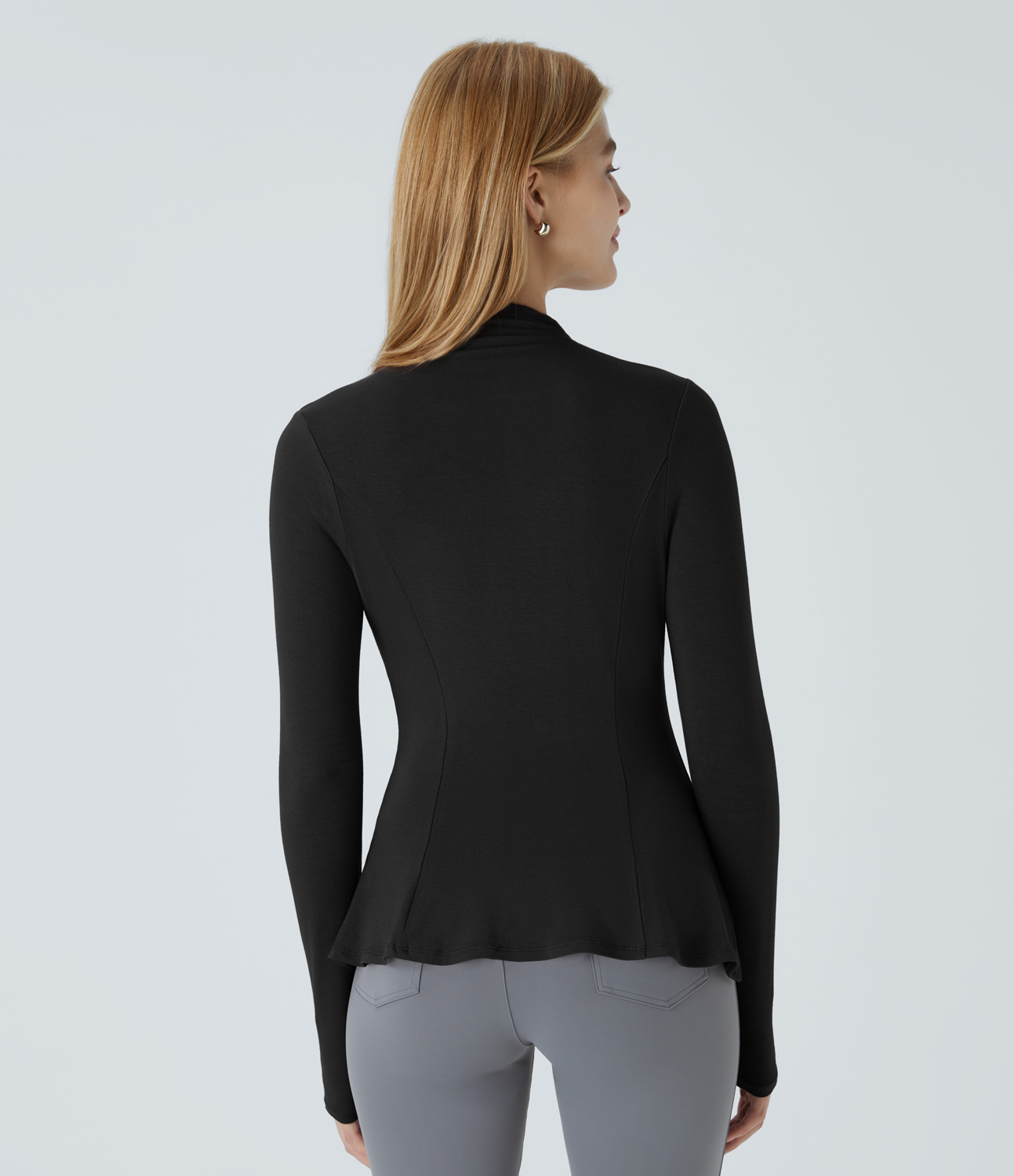 Halara Funnel Neck Long Sleeve Slim Peplum Work Tee  - Black - XS 