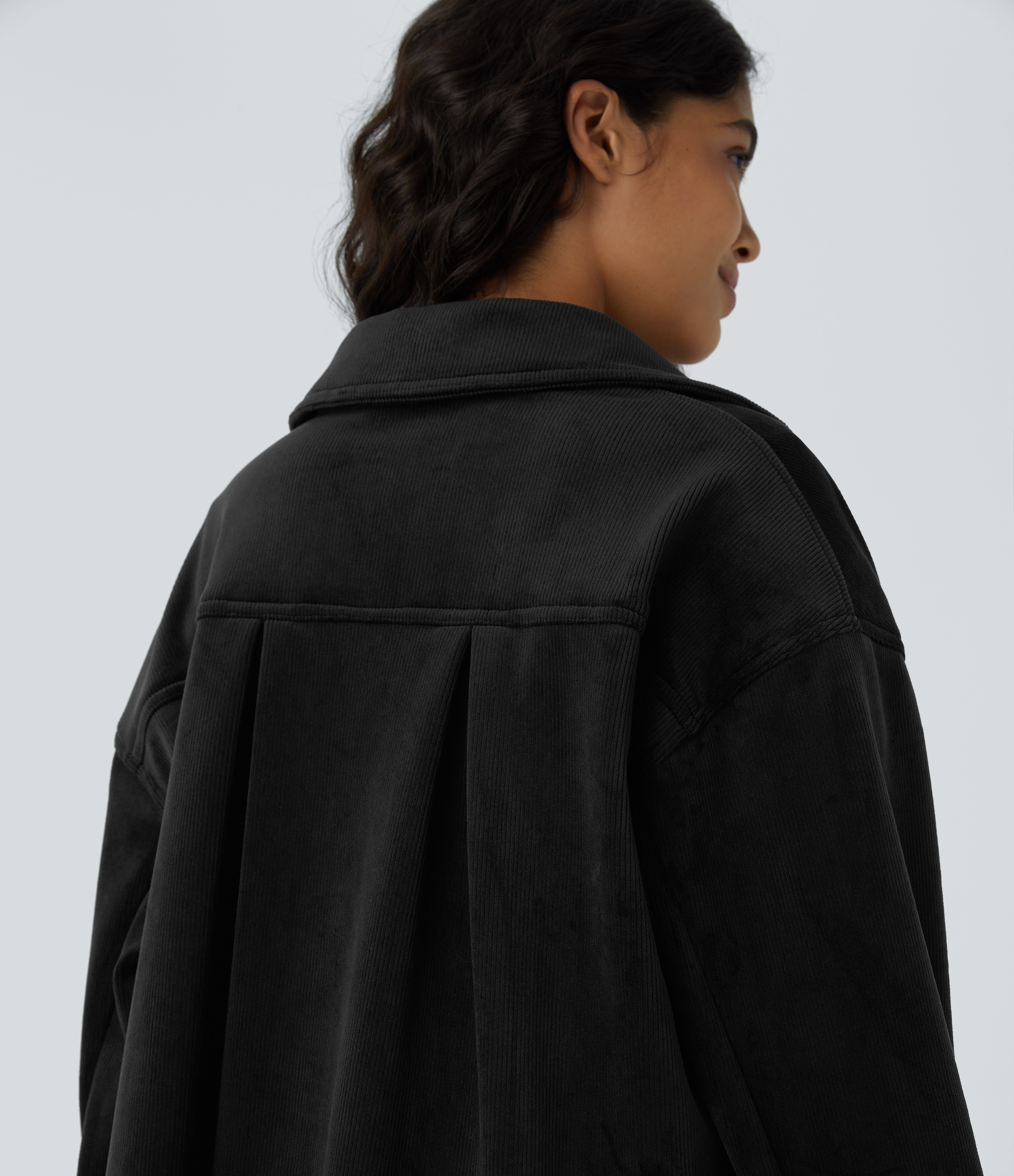 Halara Collared Button Long Sleeve Chest Pocket Curved Hem Fleece Corduroy Casual Jacket  - Black - XL 