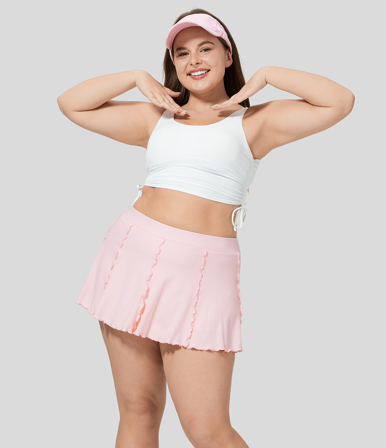 Halara Ribbed Knit High Waisted Contrast Trim Frill 2-in-1 Side Pocket Mini Tennis Plus Size Skirt  - Rose Haze Pink - 3X(regular) 
