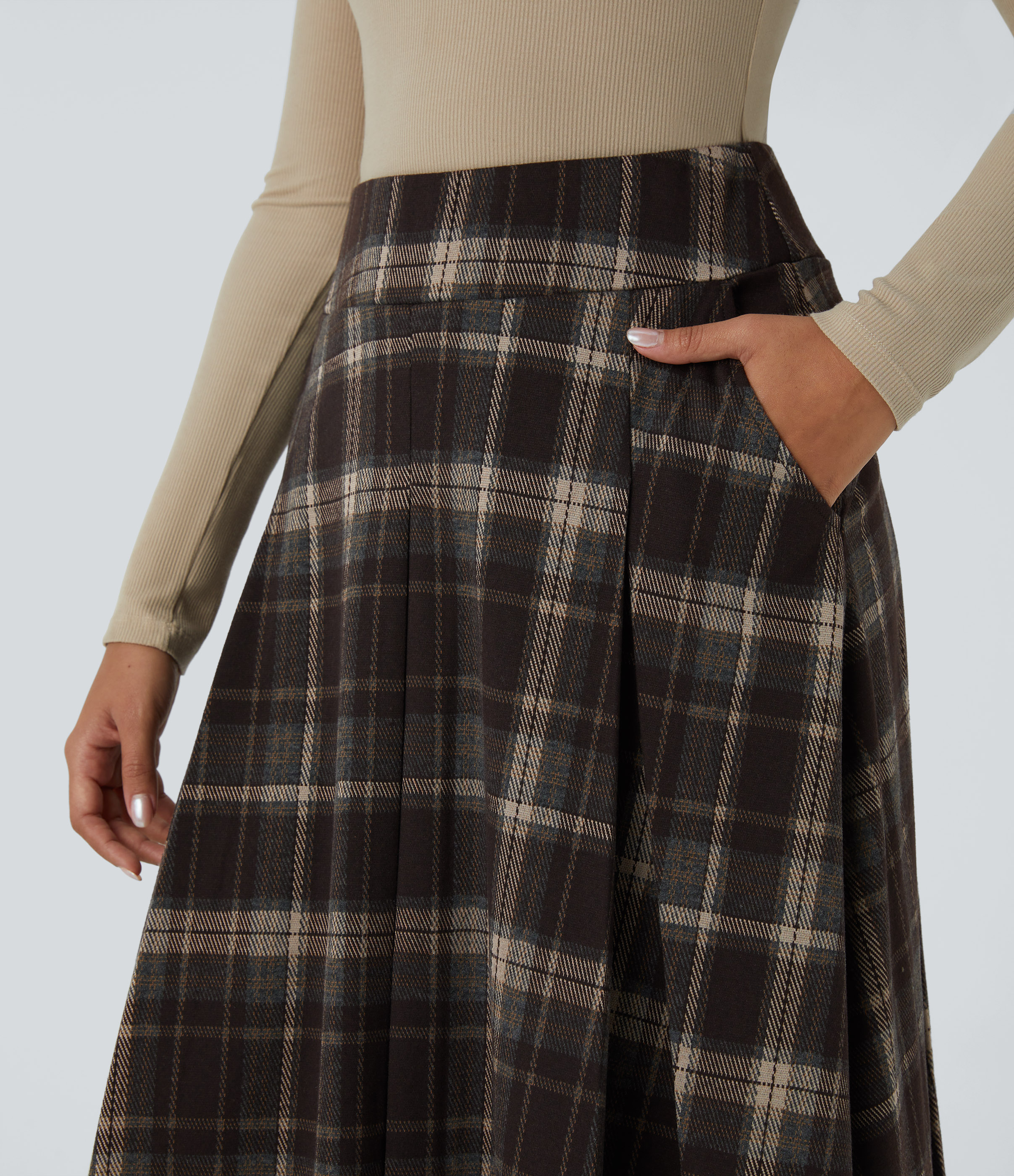 Halara High Waisted Side Pocket Plaid Midi Casual Skirt  - Nordin Red Plaid - M(regular) 