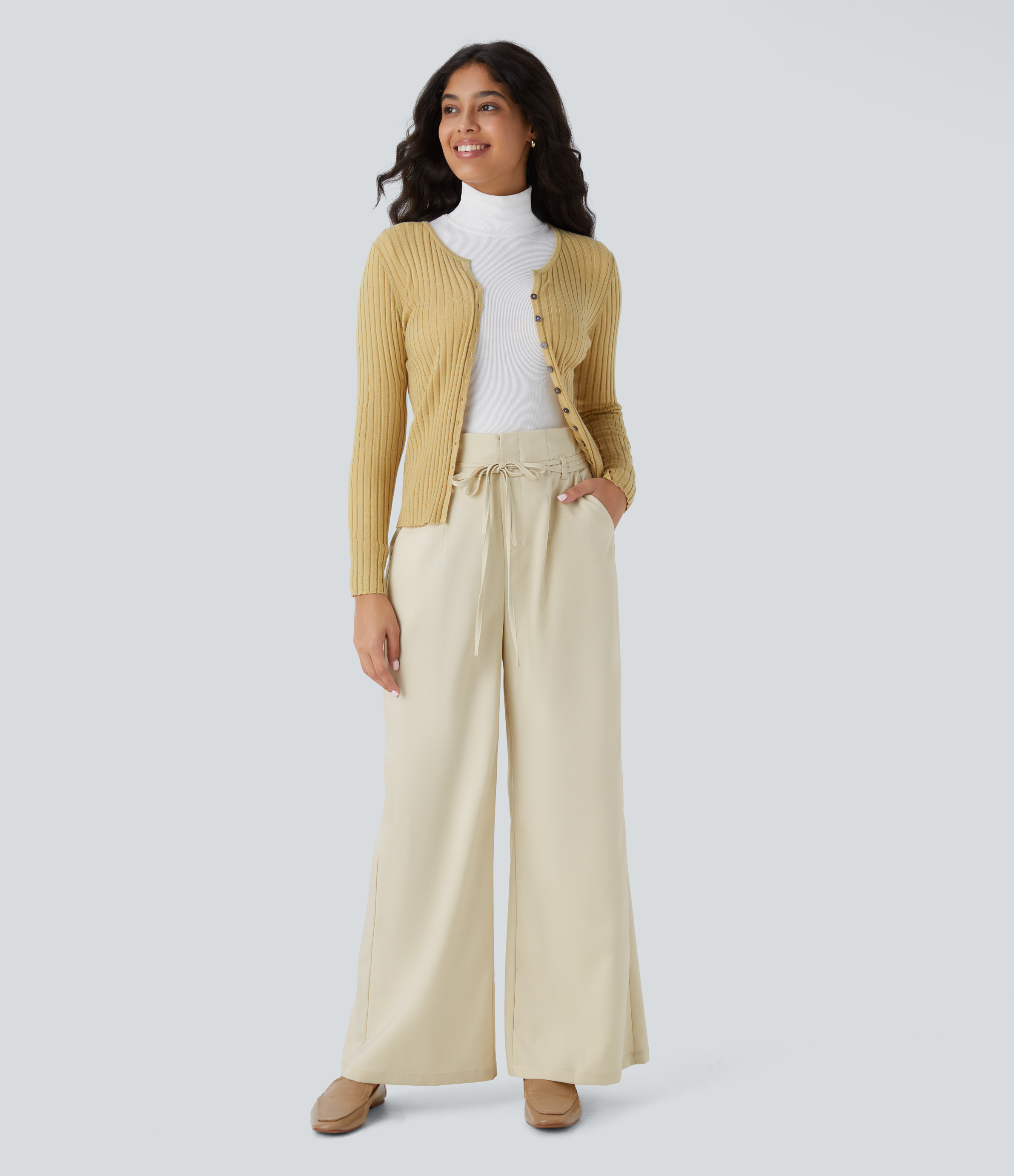 Halara High Waisted Tie Front Side Pocket Wide Leg Casual Pants  - Oyster White - M sweatpants jogger pants stacked sweatpants cargo joggers 