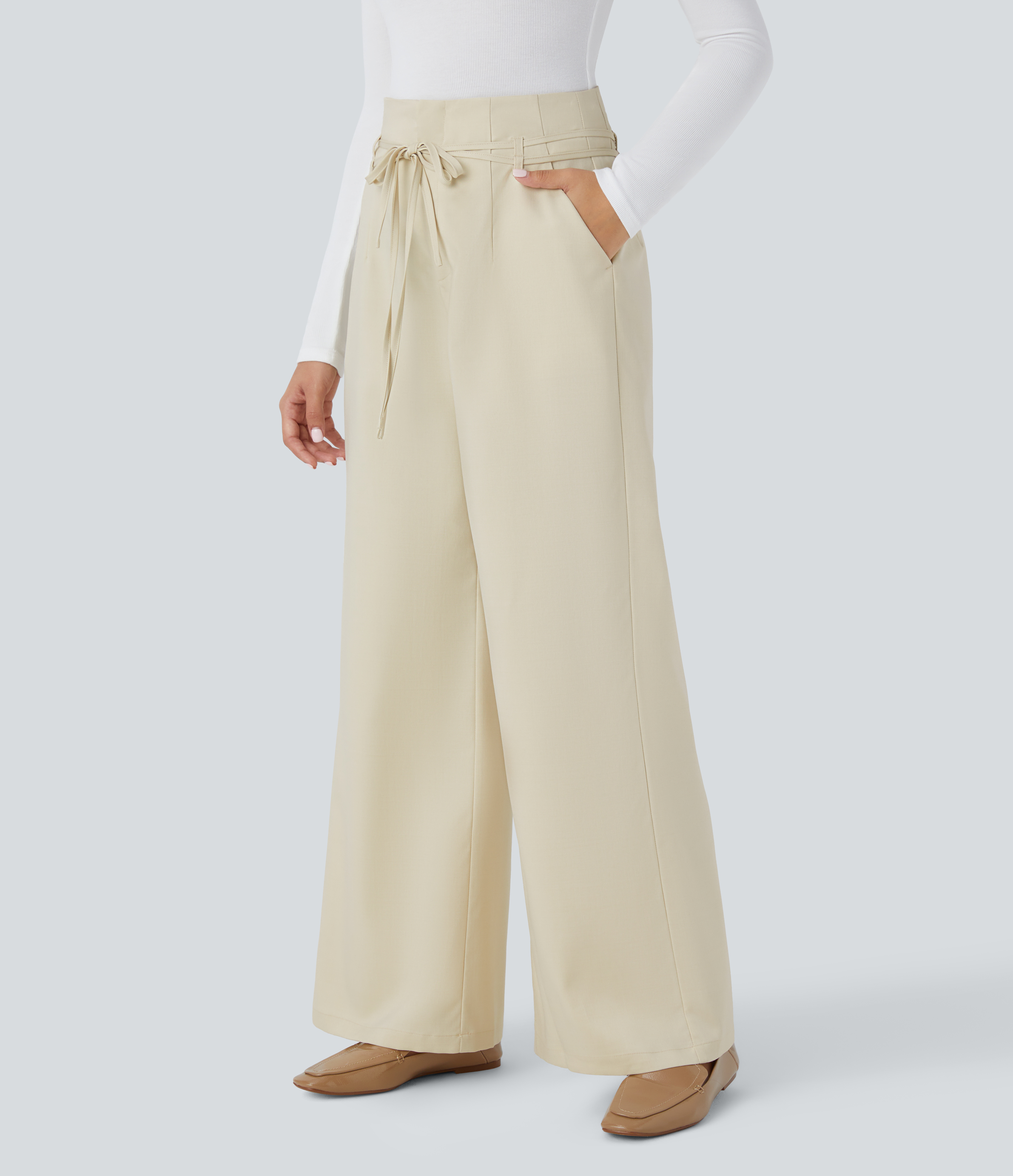 Halara High Waisted Tie Front Side Pocket Wide Leg Casual Pants  - Oyster White - M sweatpants jogger pants stacked sweatpants cargo joggers 