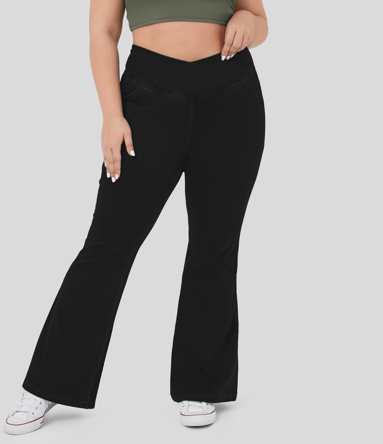 Halara HalaraMagicв„ў High Waisted Crossover Pocket Cool Touch Breathable Washed Stretchy Knit Denim Plus Size Casual Super Flare Pants  - Black - 2X 
