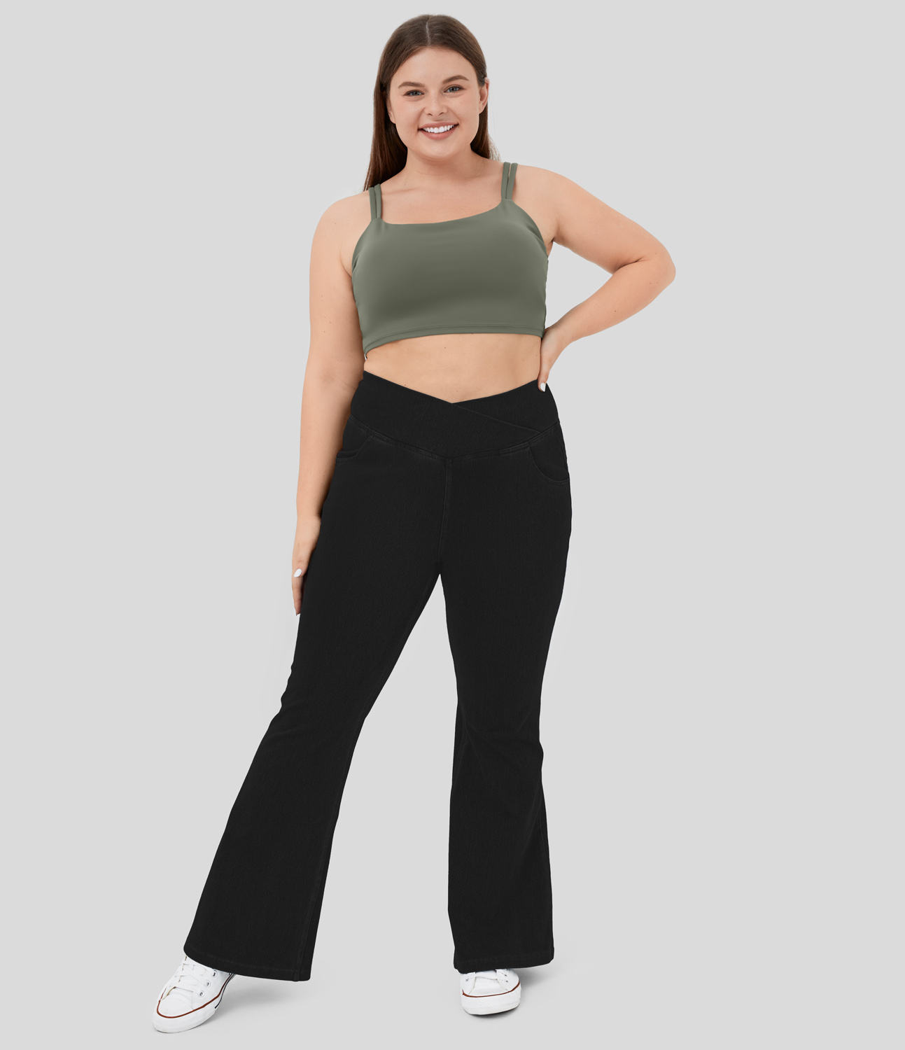 Halara HalaraMagicв„ў High Waisted Crossover Pocket Cool Touch Breathable Washed Stretchy Knit Denim Plus Size Casual Super Flare Pants  - Black - 2X 