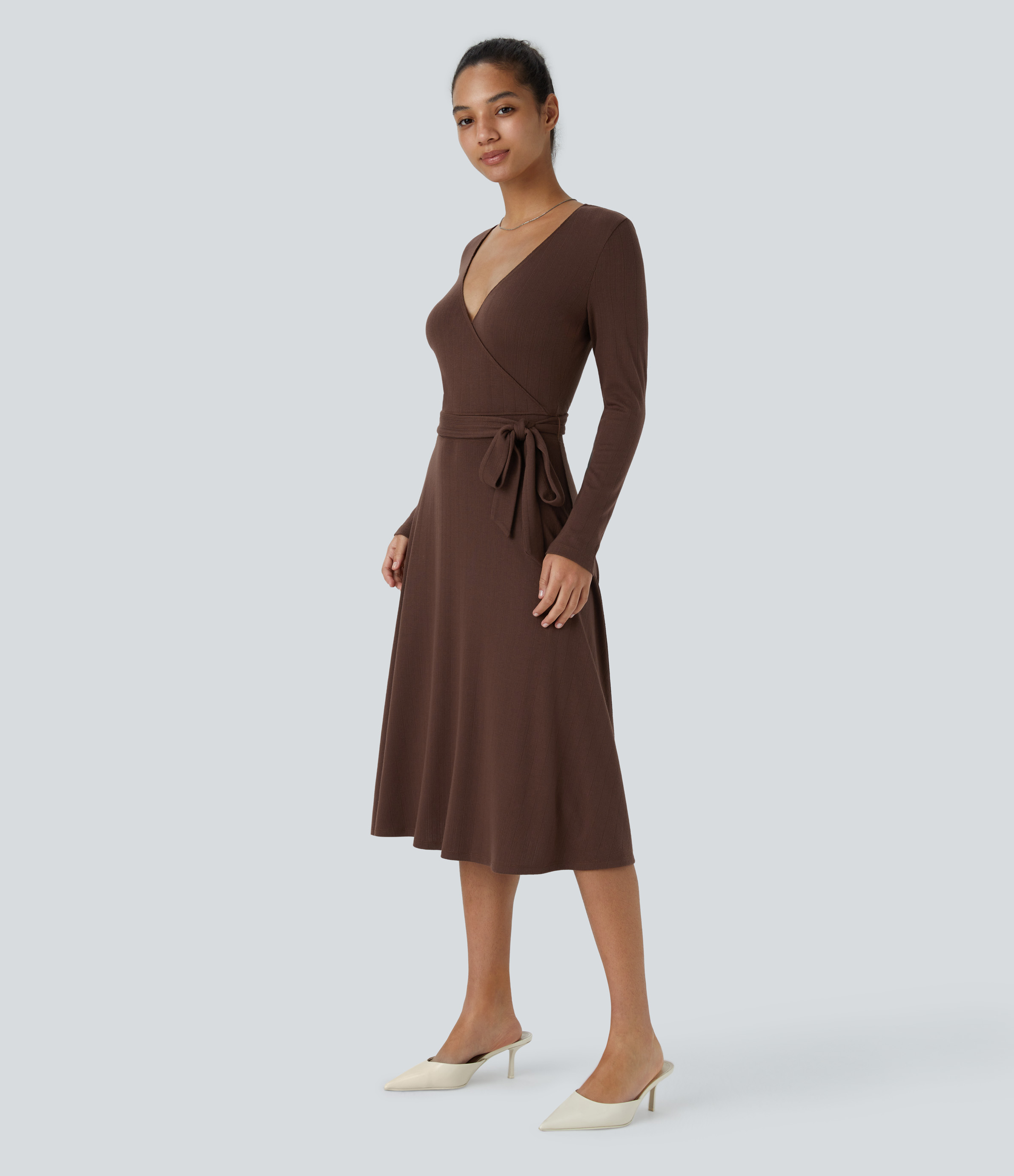 Halara Ribbed Knit Crossover V Neck Long Sleeve Belted Midi Work Dress Casual Dress - Chocolate Fondant - S slip dress beach dress 