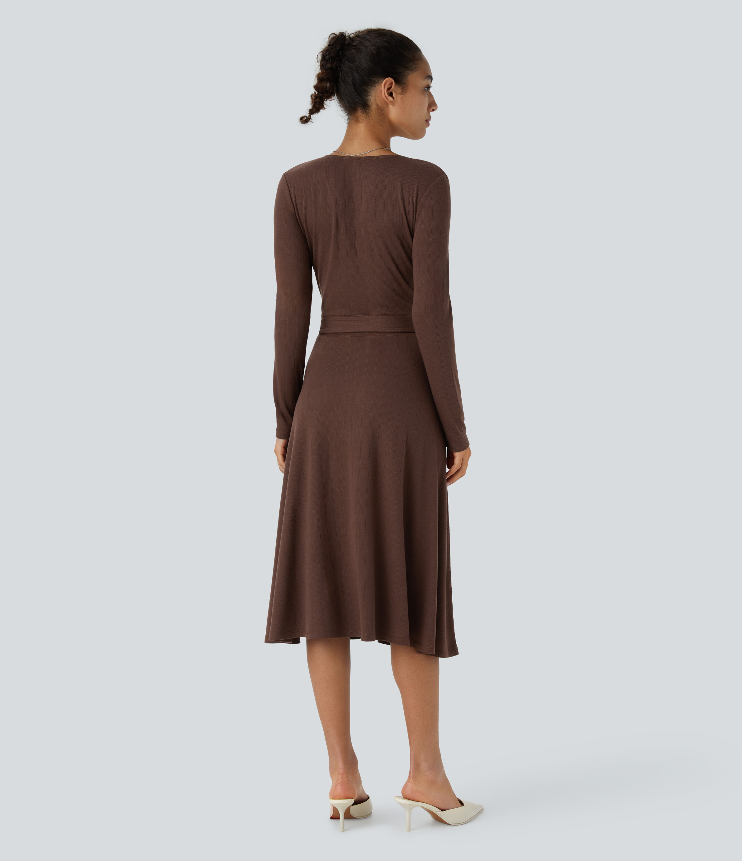 Halara Ribbed Knit Crossover V Neck Long Sleeve Belted Midi Work Dress Casual Dress - Chocolate Fondant - S slip dress beach dress 