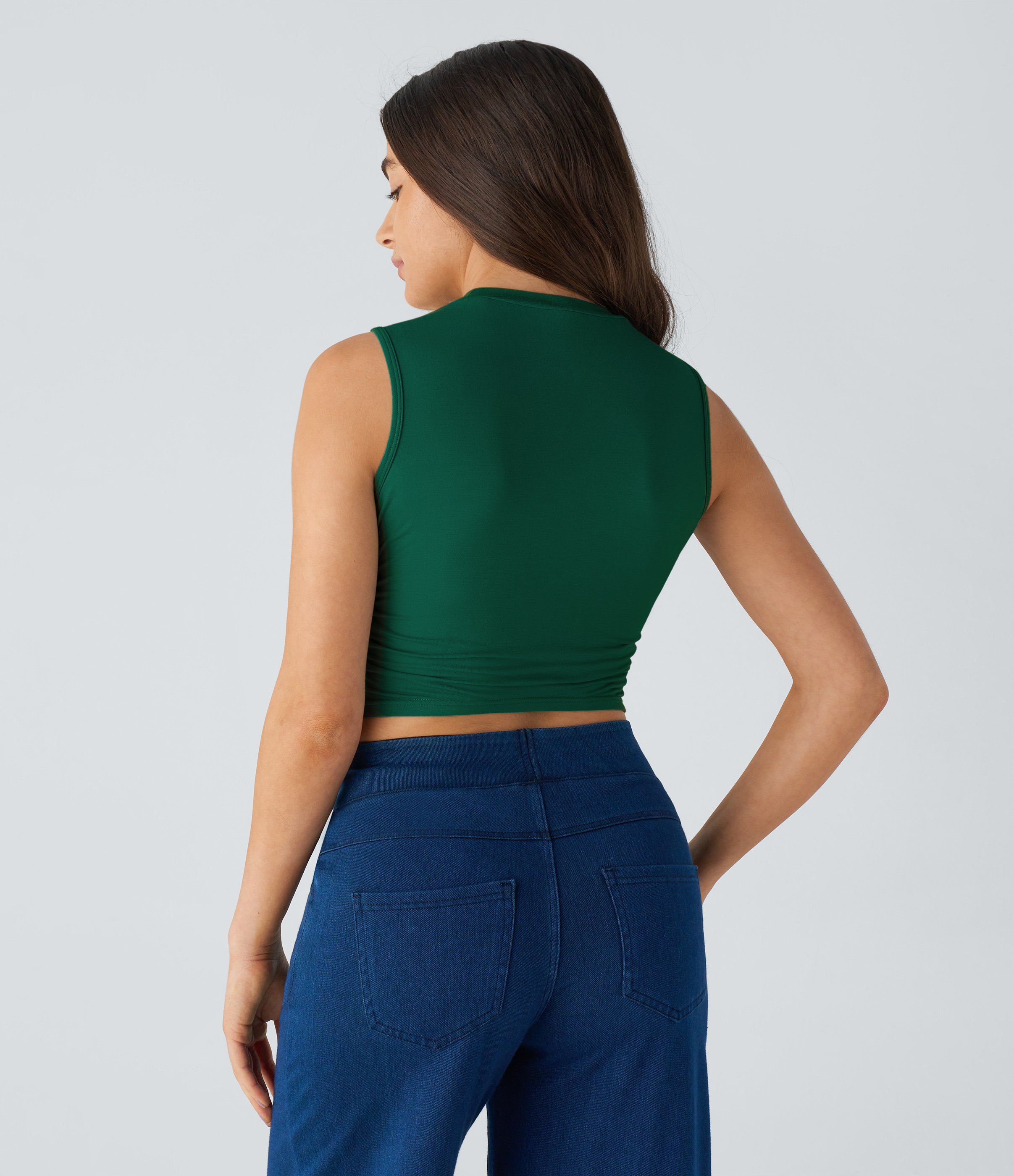 Halara Round Neck Ruched Skinny Cropped Casual Tank Top Tank Top - Evergreen - XL golf tops halter top tunic tops sleeveless tops 