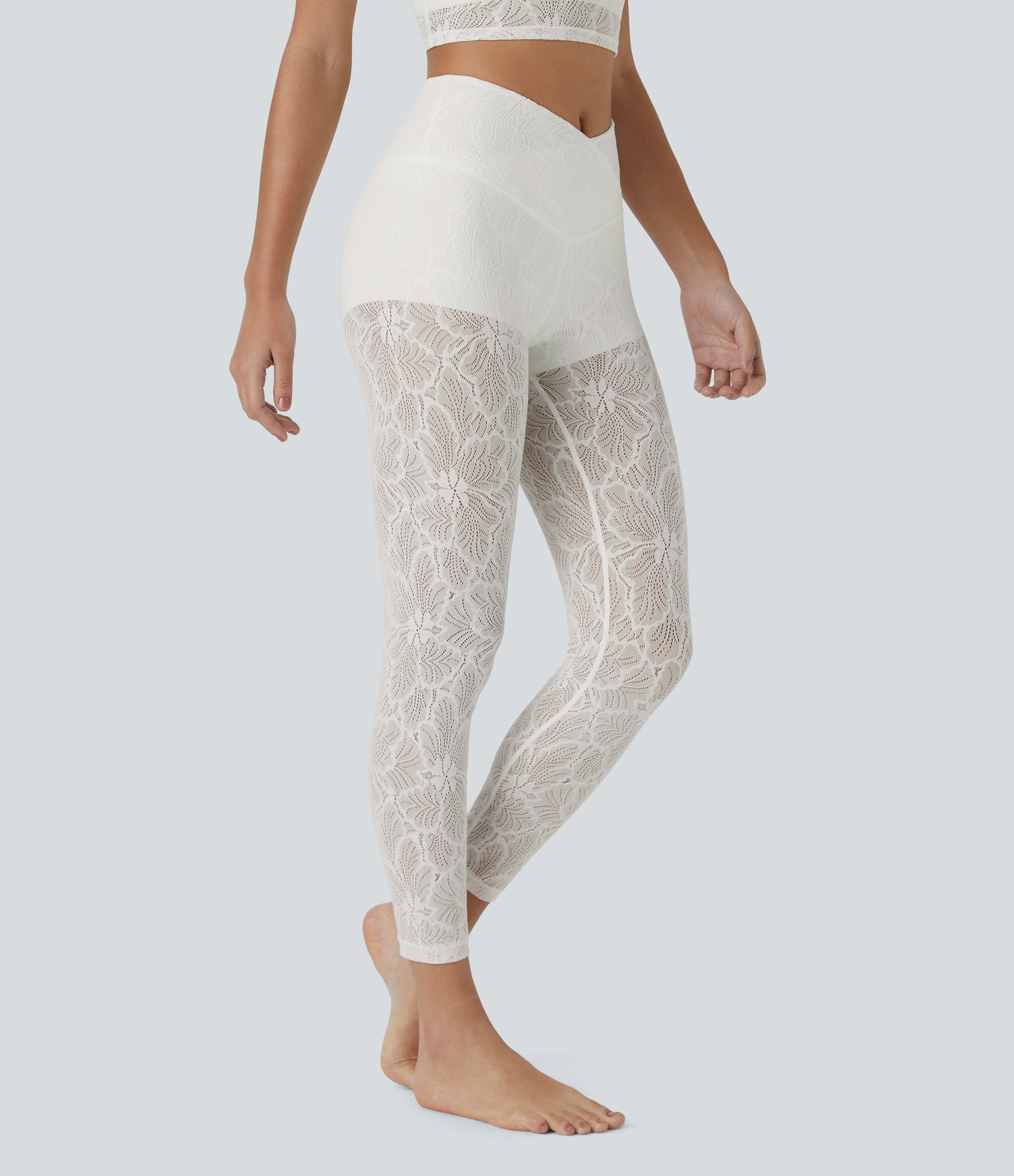High Waisted Crossover 2-in-1 7/8 Lace Casual Leggings