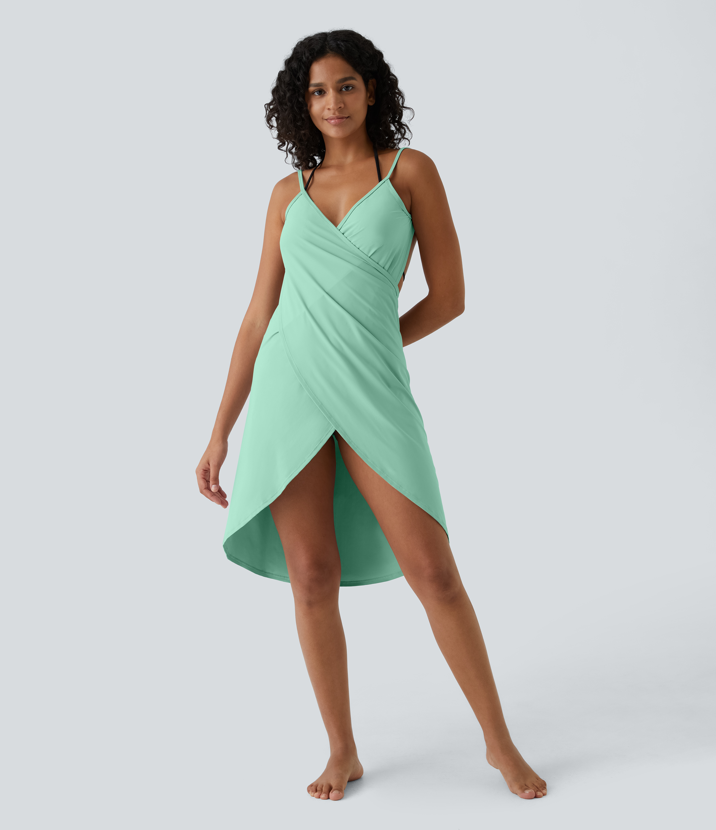 Halara Spaghetti Strap Crossover Backless Cover Up Wrap Cool Touch Resort Dress-UPF50+ Casual Dress - West Lake Green - S slip dress 