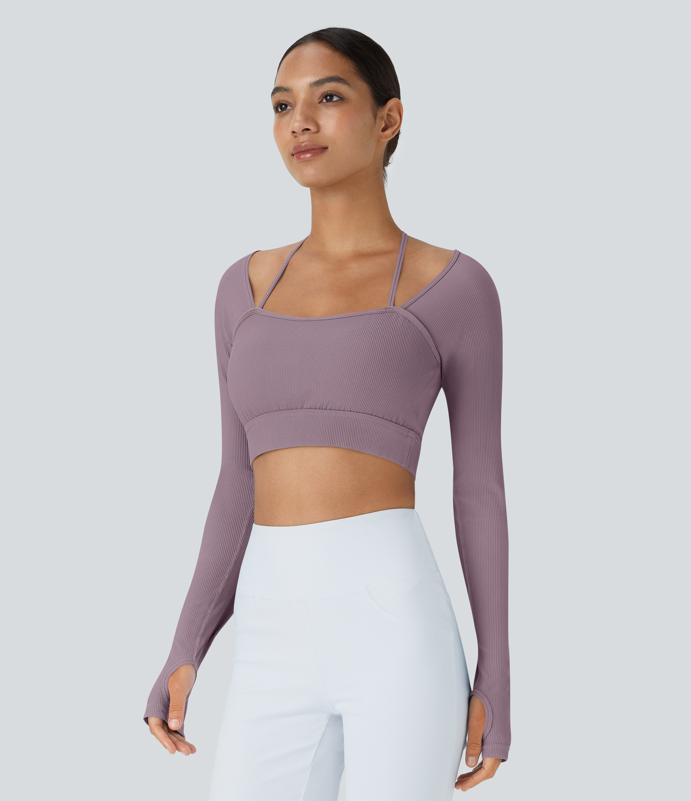 Halara Ribbed Halter Strap Thumb Hole Cropped Yoga Sports Top  - Iris Purple - S 