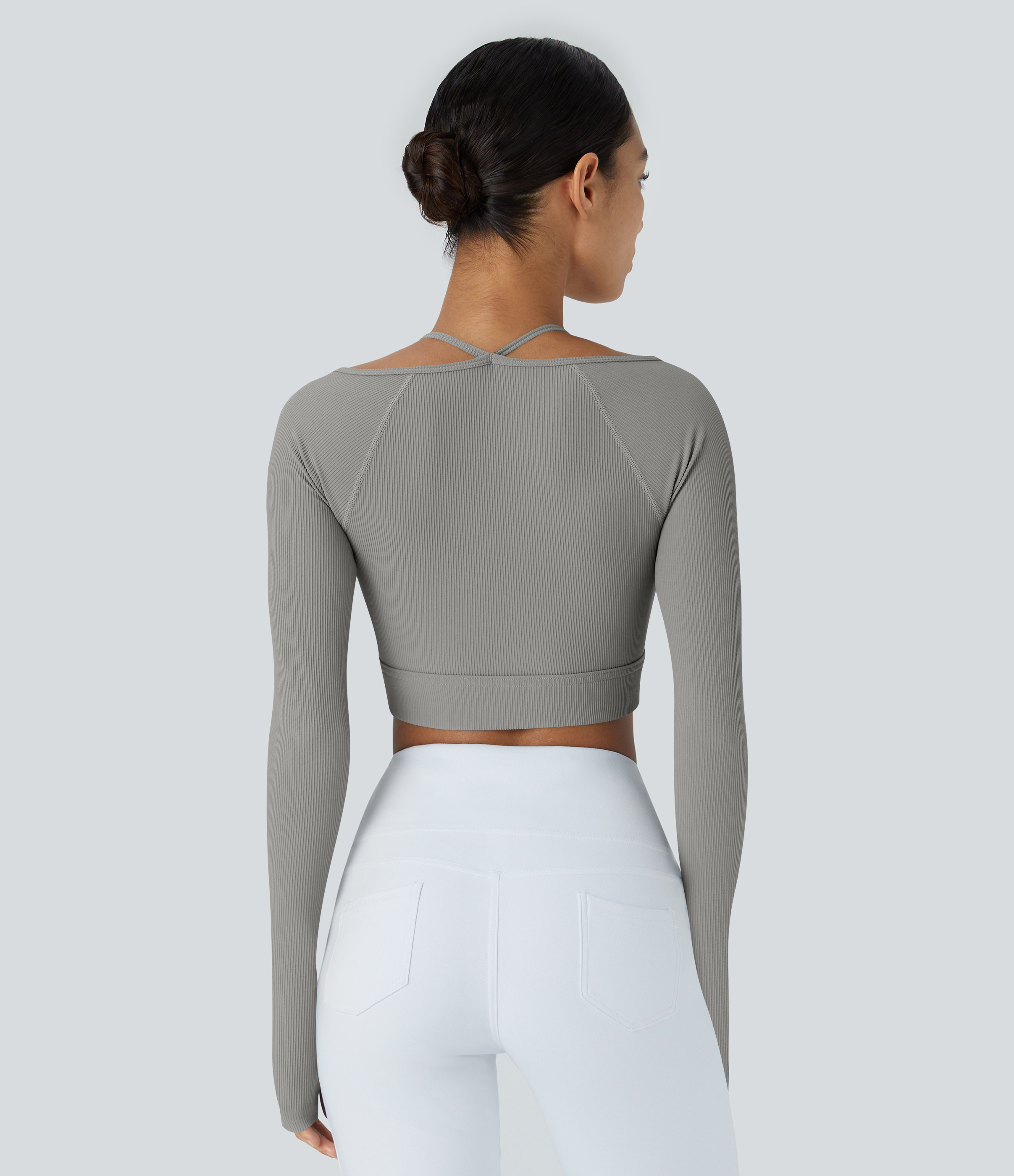 Halara Ribbed Halter Strap Thumb Hole Cropped Yoga Sports Top  - Mockingbird - XS 