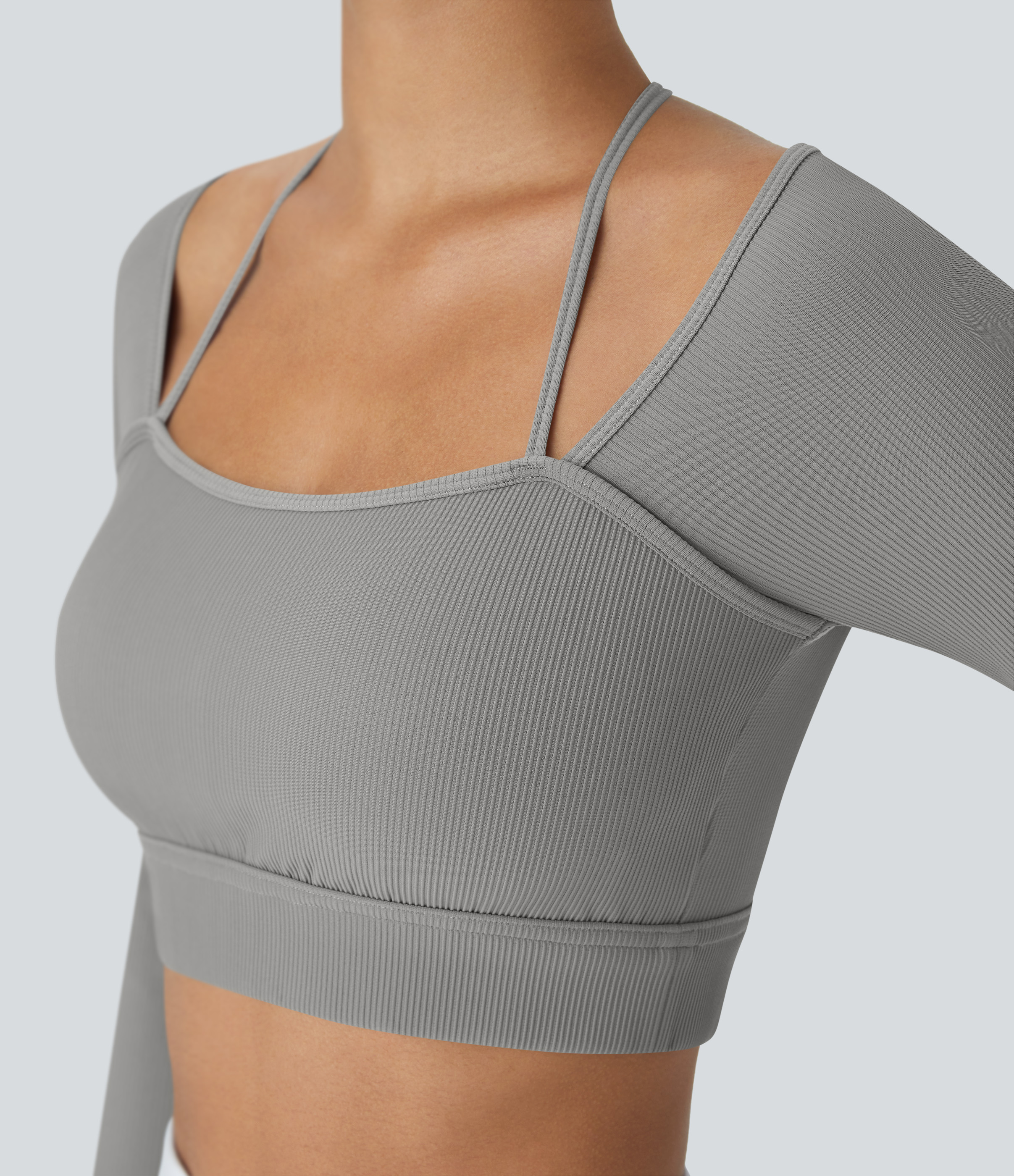 Halara Ribbed Halter Strap Thumb Hole Cropped Yoga Sports Top  - Mockingbird - XS 