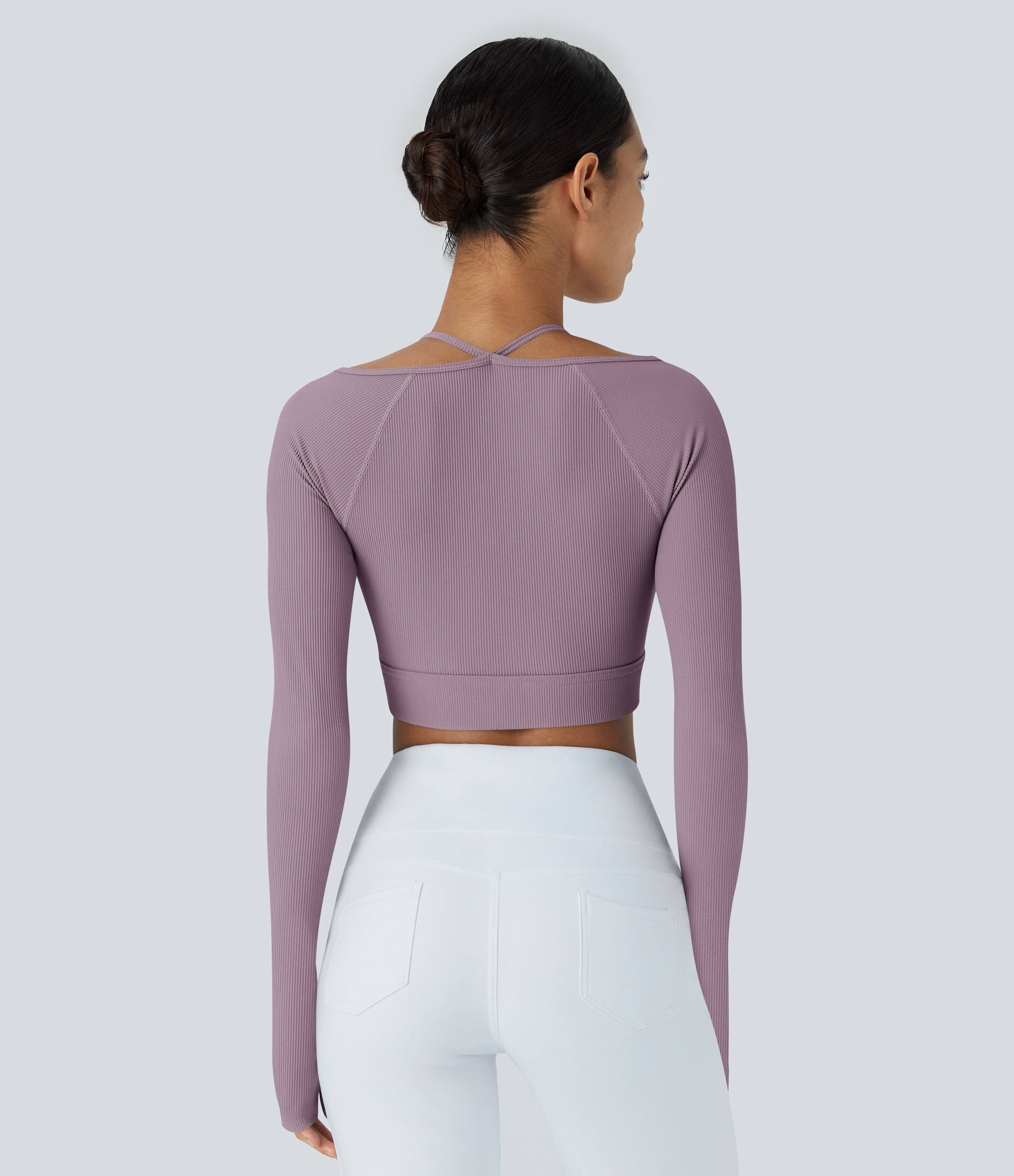 Halara Ribbed Halter Strap Thumb Hole Cropped Yoga Sports Top  - Iris Purple - S 