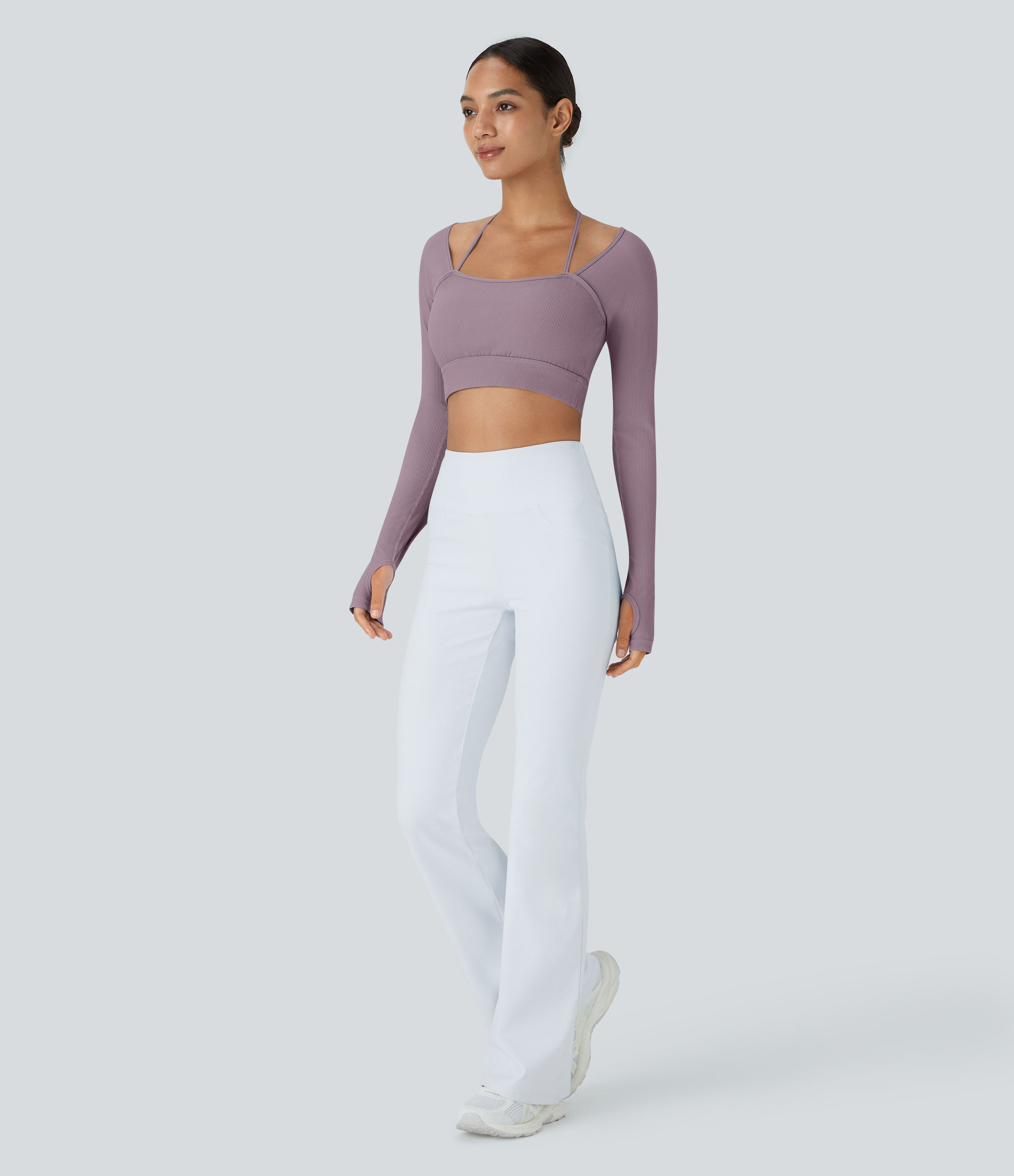 Halara Ribbed Halter Strap Thumb Hole Cropped Yoga Sports Top  - Iris Purple - S 