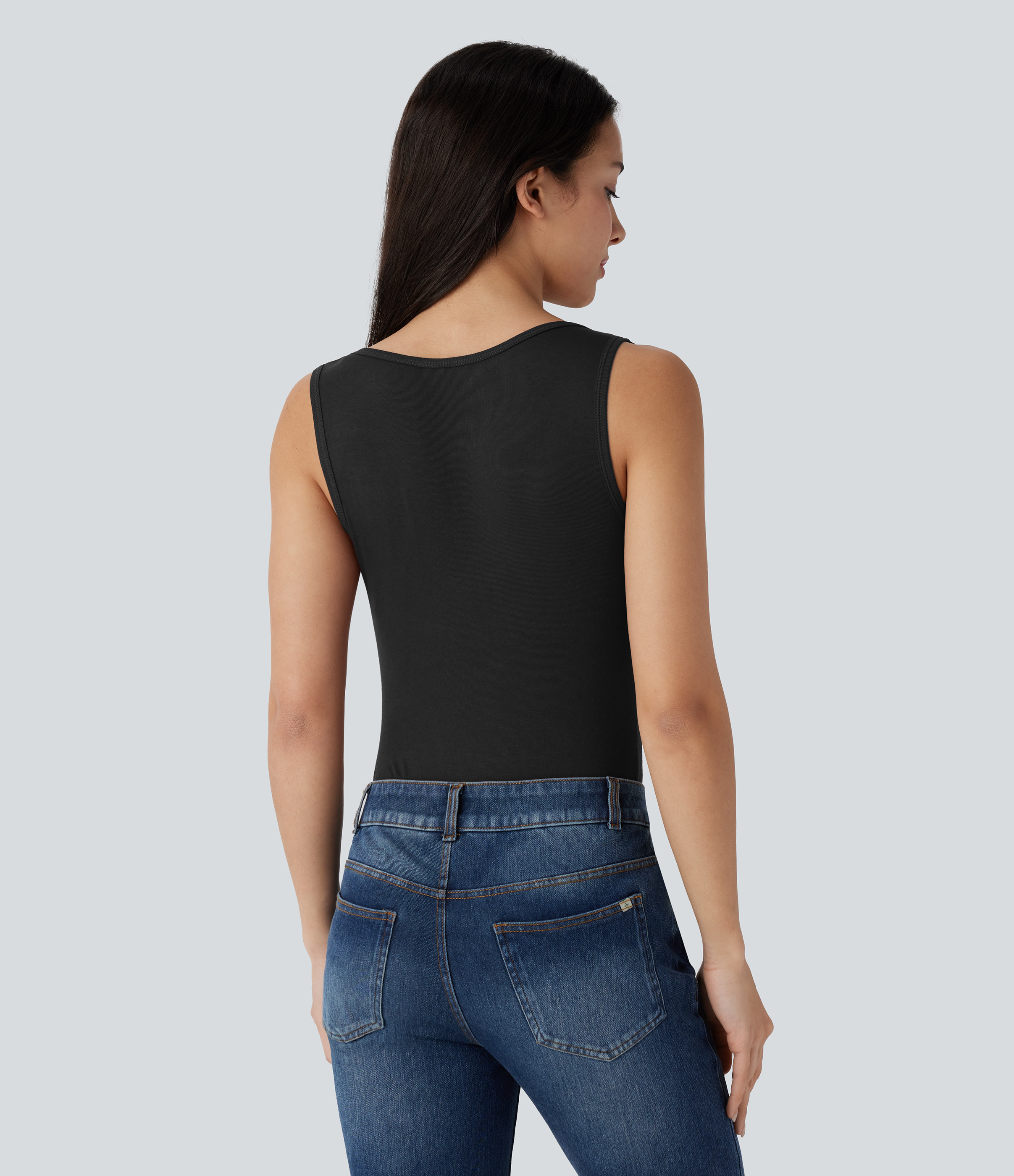 Schwarz Geripptes Tanktop mit Henley-Ausschnitt, schlanke, lässige Passform / 2