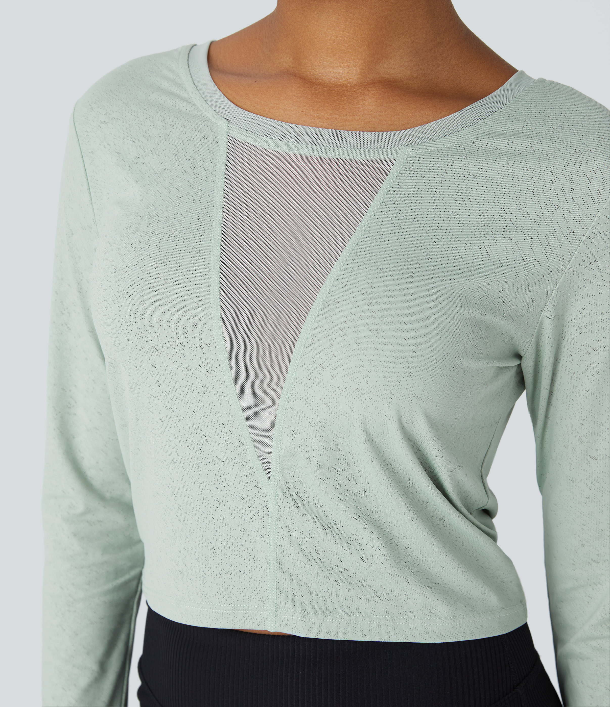 Halara Round Neck Long Sleeve Contrast Mesh Crossover Hem Solid Yoga Sports Top  - Surf Spray - M 