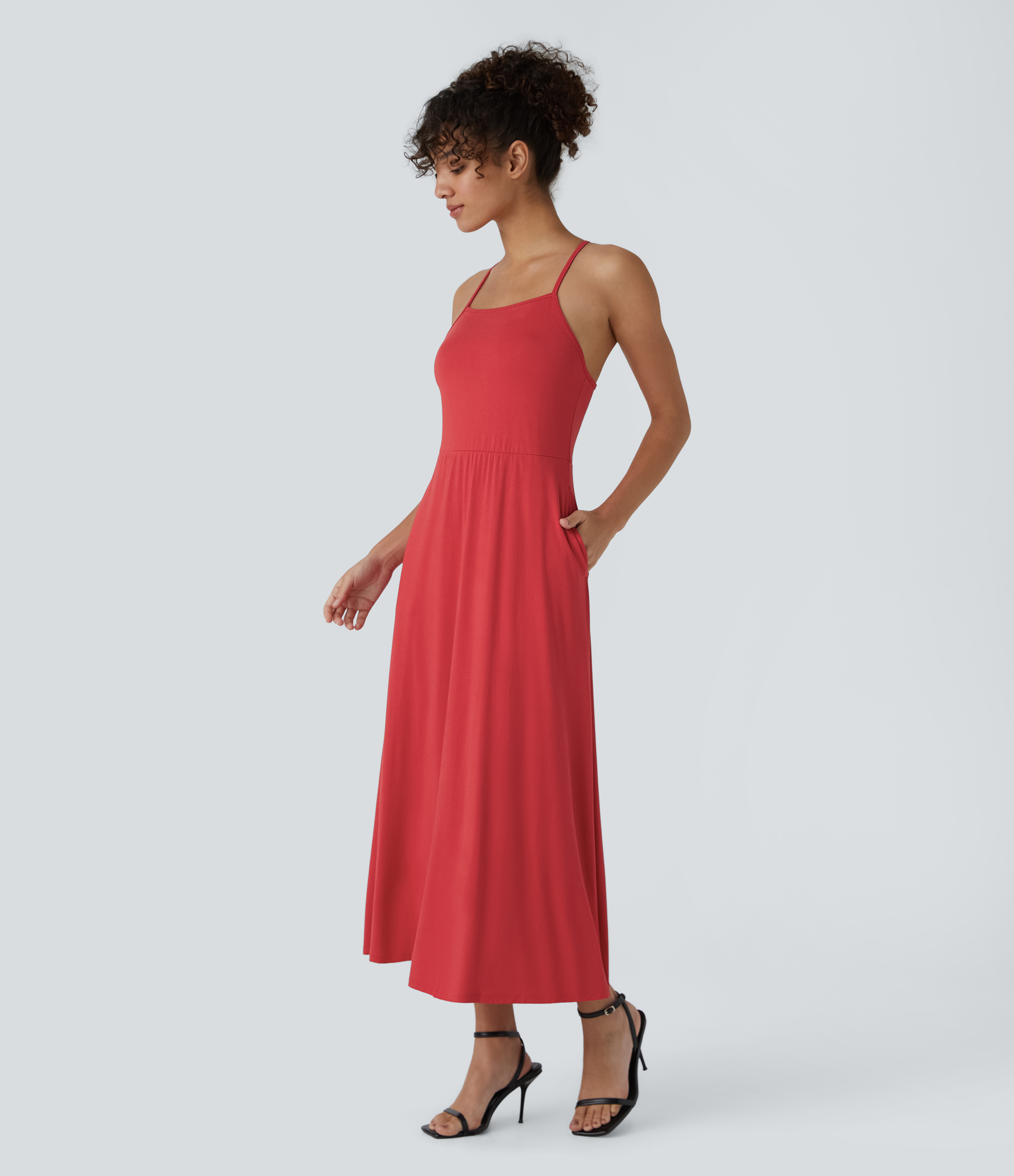 Halara Backless Lace Up Side Pocket Midi Flare Casual Slip Dress Casual Dress - Haute Red - L slip dress beach dress ruched dress 