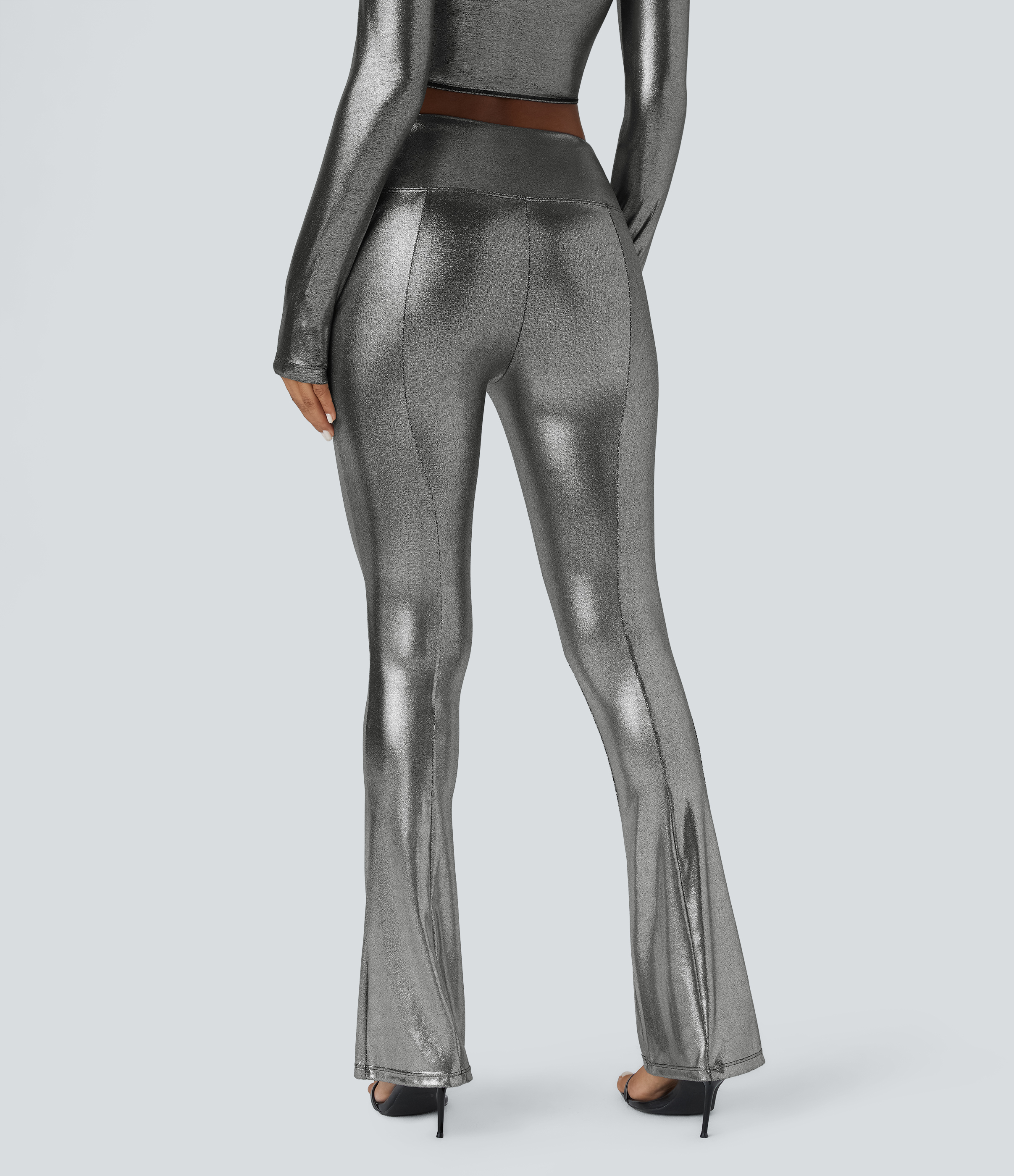 Halara Softlyzeroв„ў Faux Leather Mid Rise Metallic Foil Print Stretchy Party Slight Flare Pants  - Shiny Black Silver - M(regular) sweatpants 