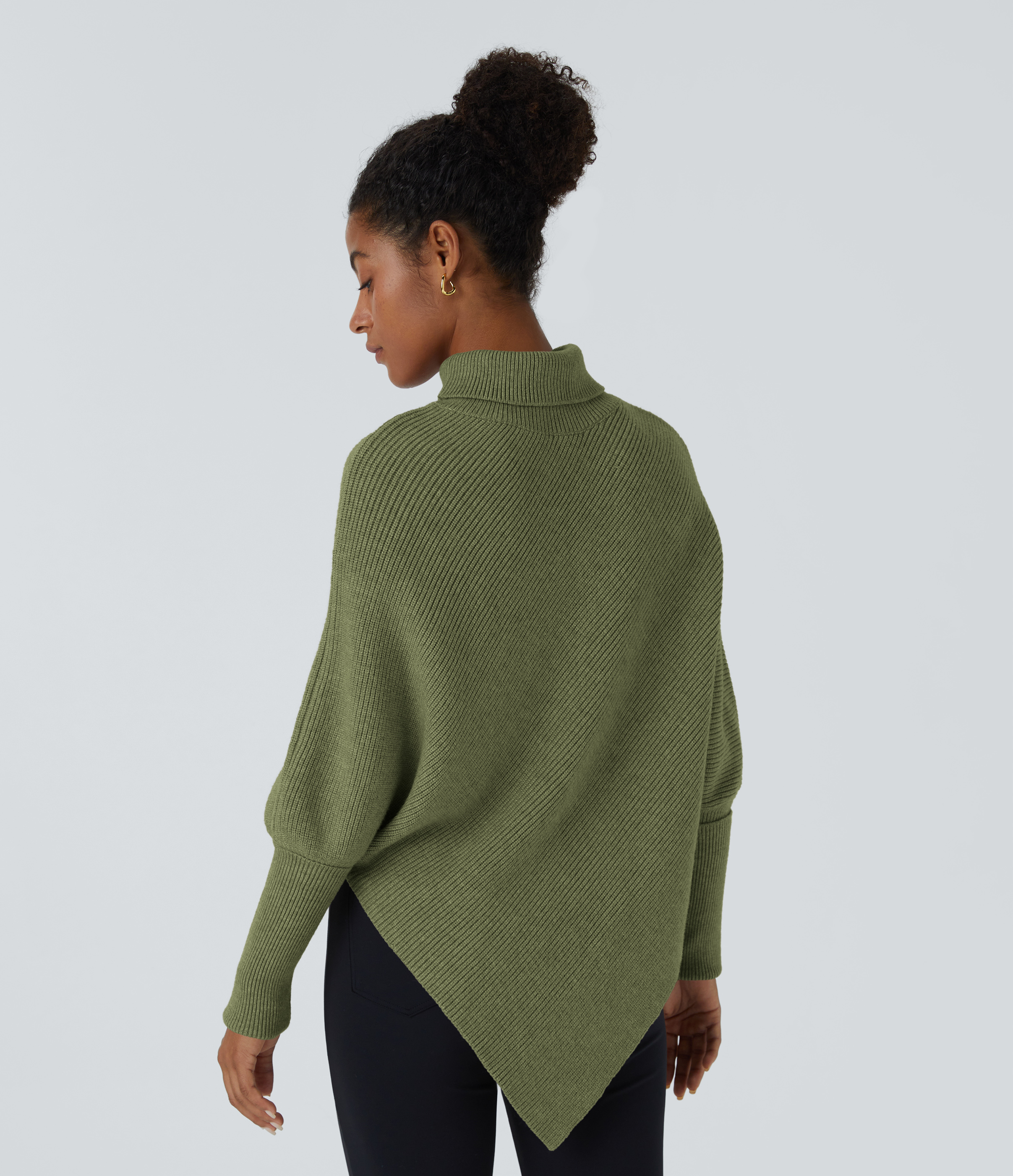Halara High Neck Long Sleeve Asymmetric Hem Work Sweater  - Deep Sage - XS 