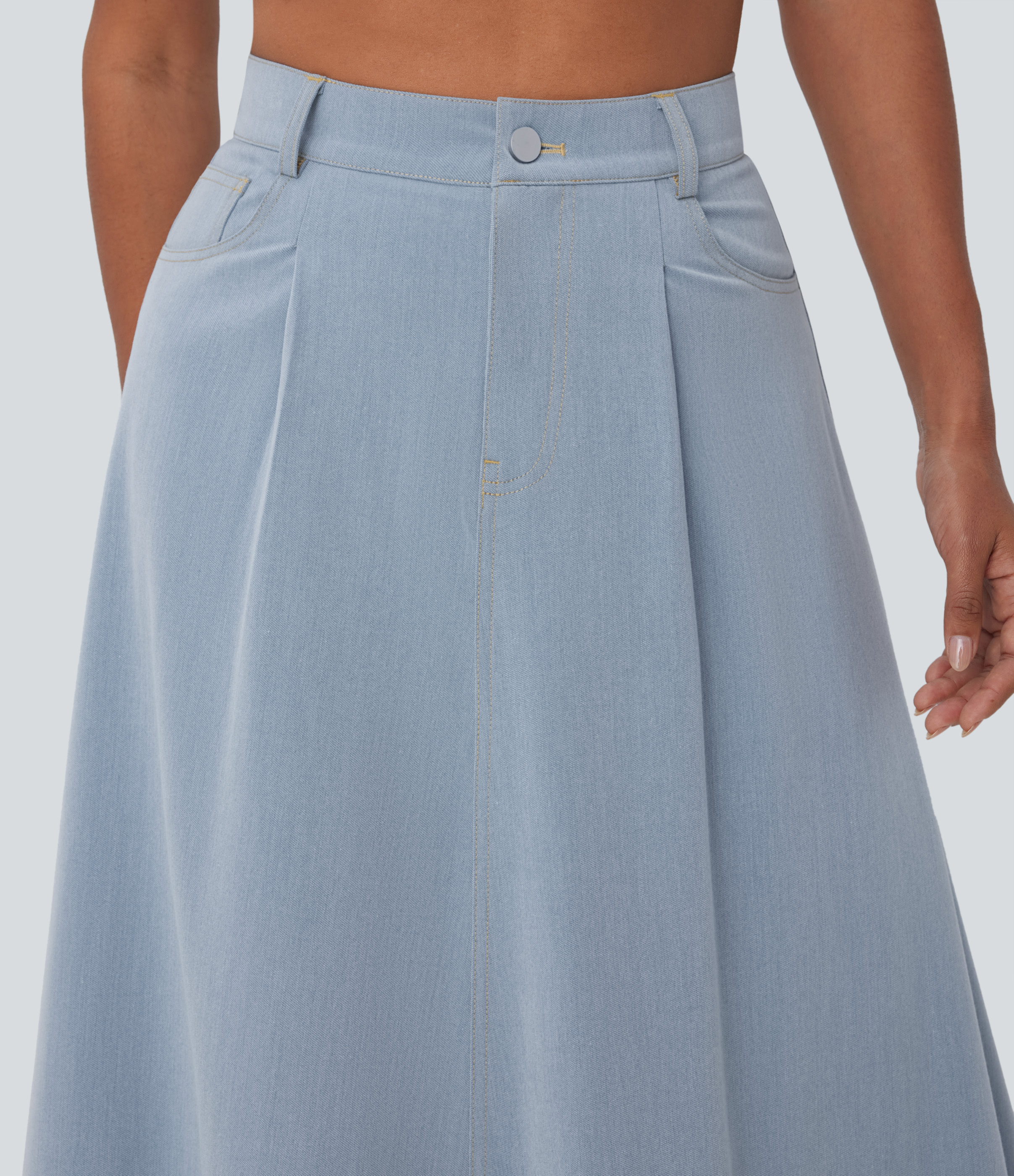 Halara High Waisted Multiple Pockets Midi Casual Flare Skirt  - Misty Rain Grey - S(regular) 