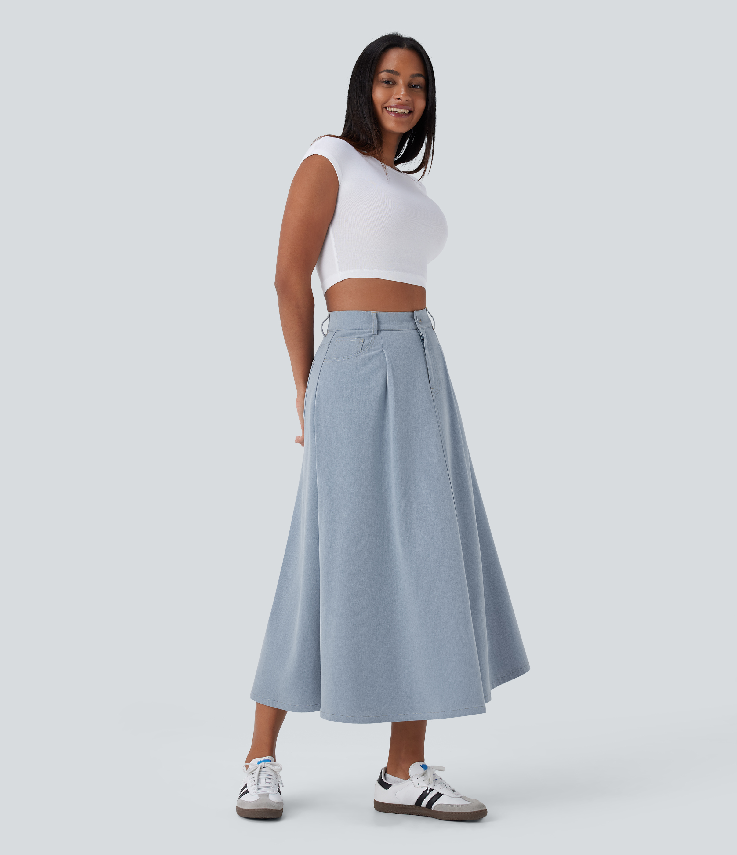 Halara High Waisted Multiple Pockets Midi Casual Flare Skirt  - Misty Rain Grey - S(regular) 