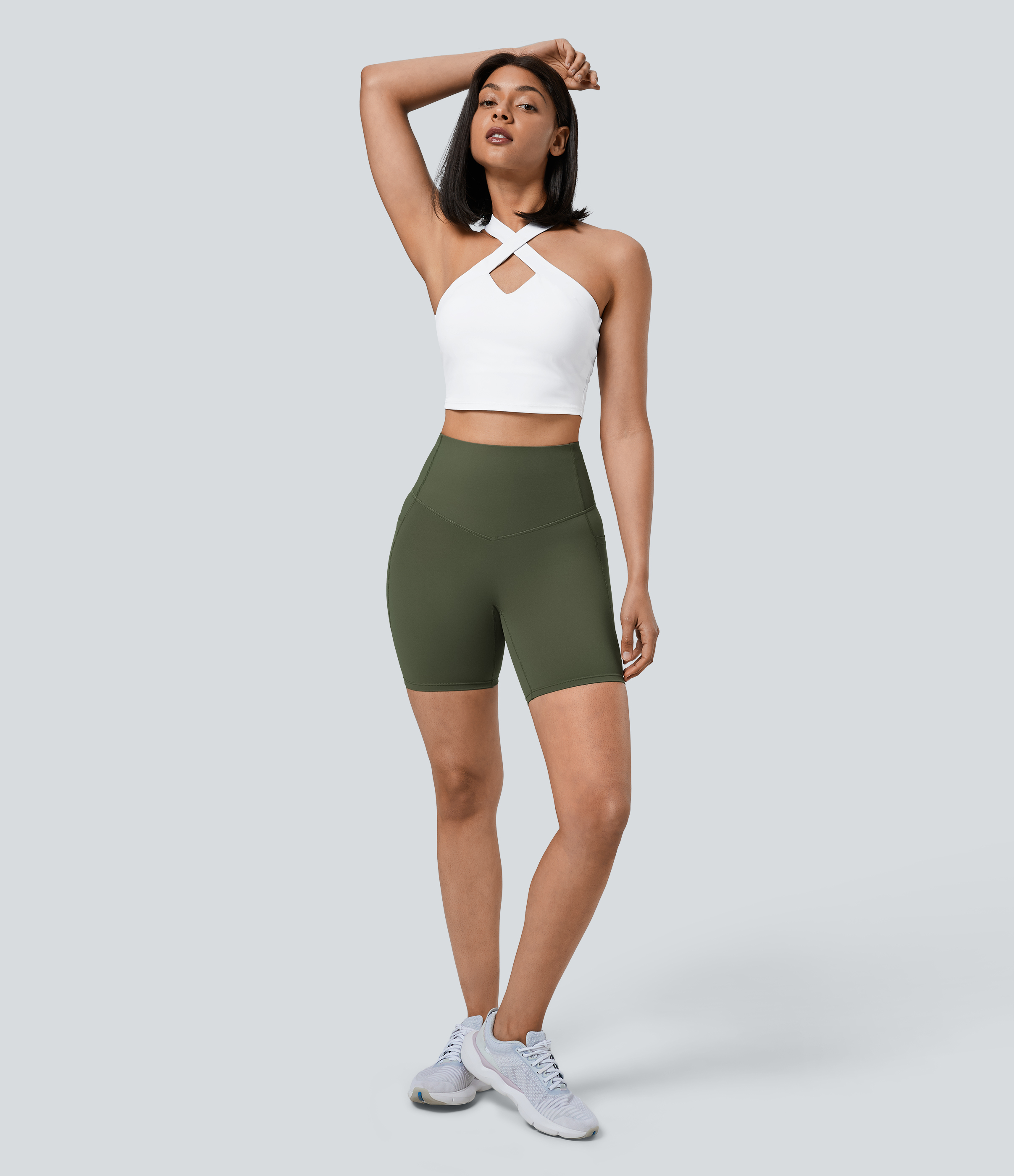 Halara SoCinched High Waisted Tummy Control Side Pocket Shaping Training Biker Shorts 7``  - Deep Woodland Green - L biker shorts women 