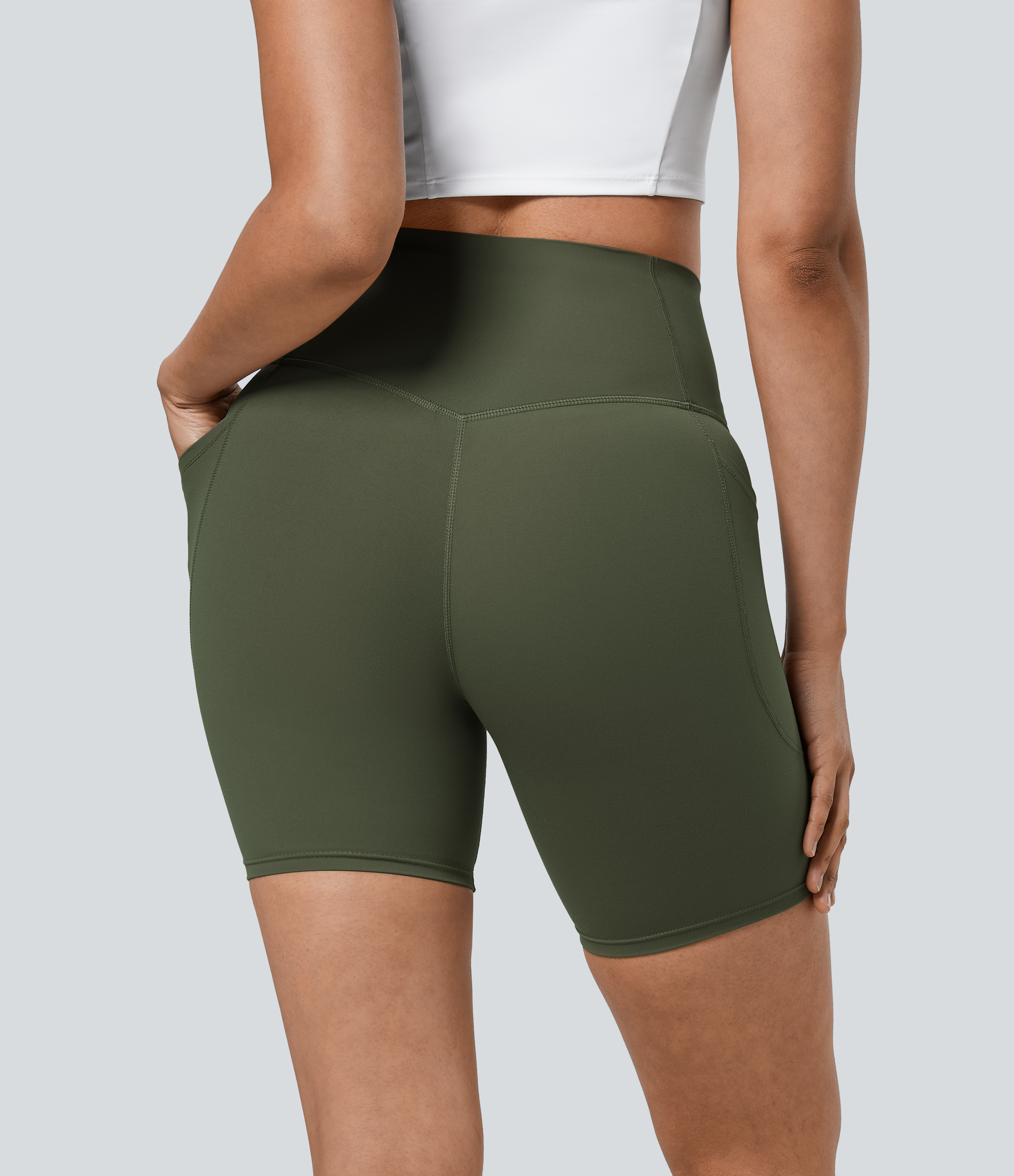 Halara SoCinched High Waisted Tummy Control Side Pocket Shaping Training Biker Shorts 7``  - Deep Woodland Green - L biker shorts women 