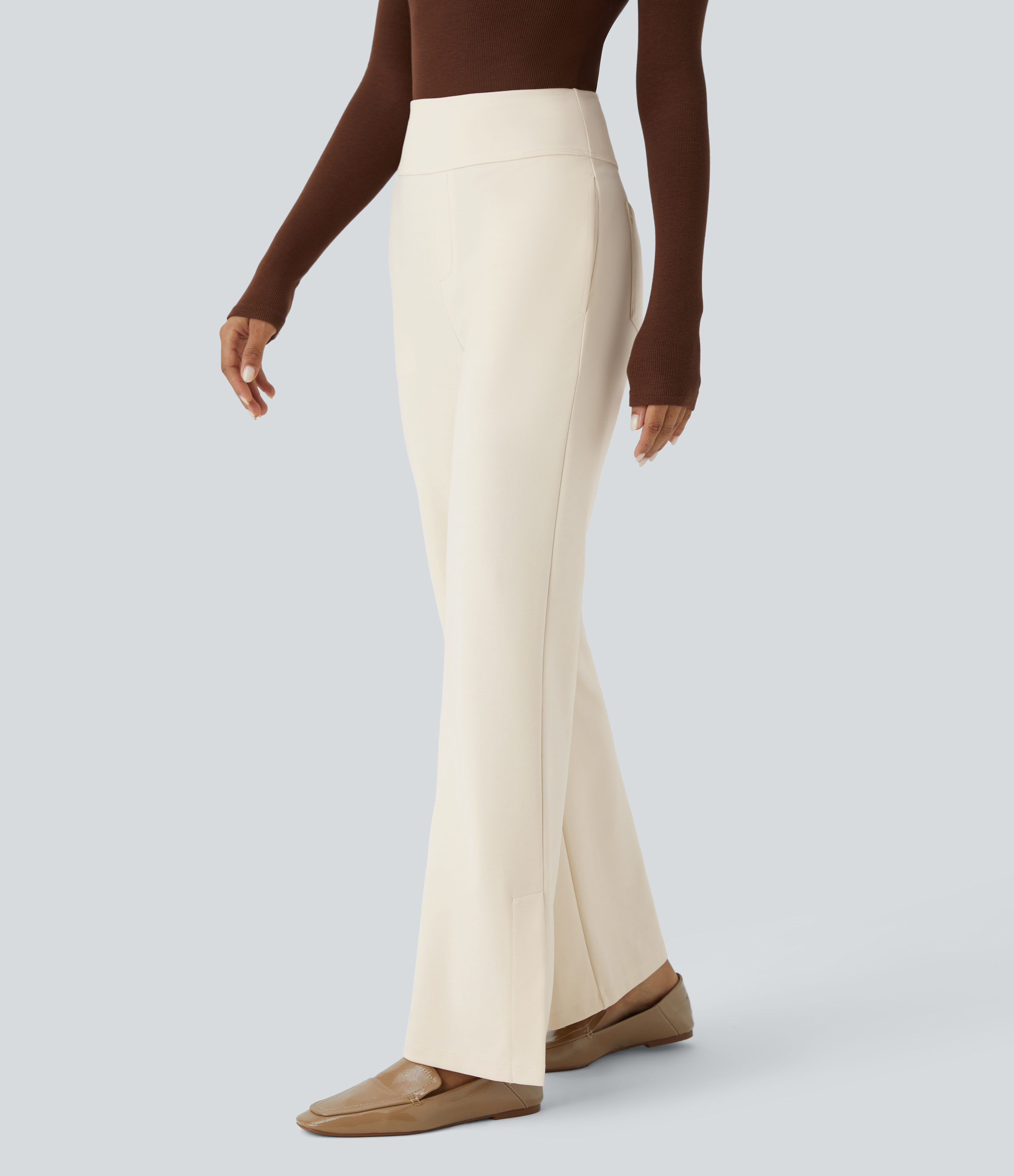 Halara High Waisted Multiple Pockets Split Slight Flare Work Pants  - Arctic Wolf - M(regular) sweatpants jogger pants stacked sweatpants 