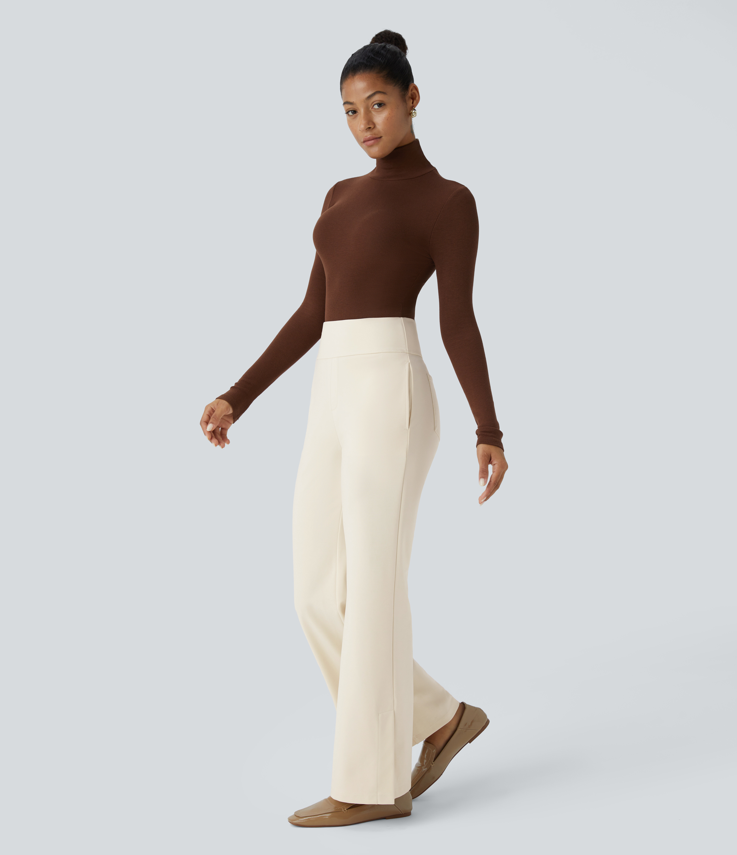 Halara High Waisted Multiple Pockets Split Slight Flare Work Pants  - Arctic Wolf - M(regular) sweatpants jogger pants stacked sweatpants 